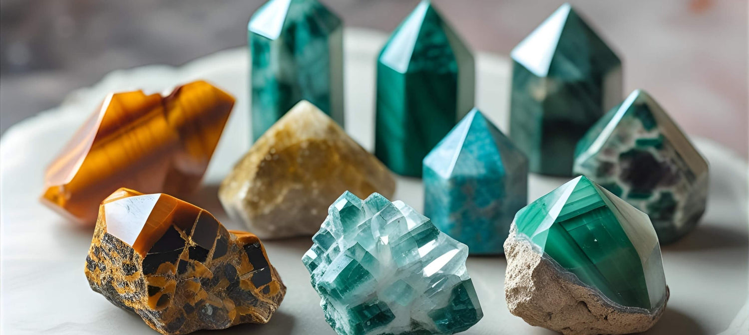 Strength gemstone collection featuring Carnelian, Tiger's Eye, Aquamarine, Malachite, Sodalite, Amazonite, Indian Agate, and Amethyst.