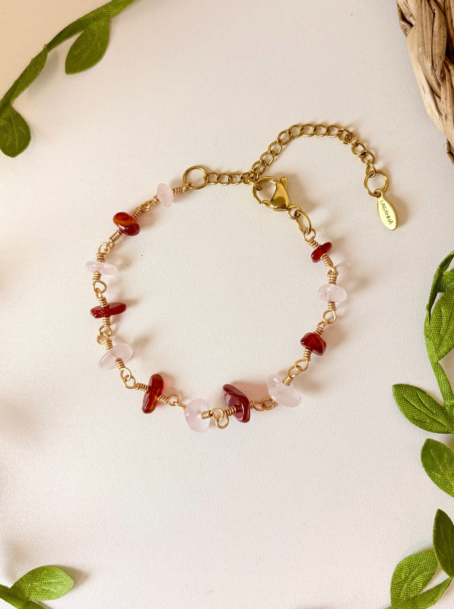 Chinese Red Lantern Bracelet with Carnelian and Rose Quartz wire wrapped in gold, handmade healing crystal bracelet for love and good fortune, Laganna Sri Lanka