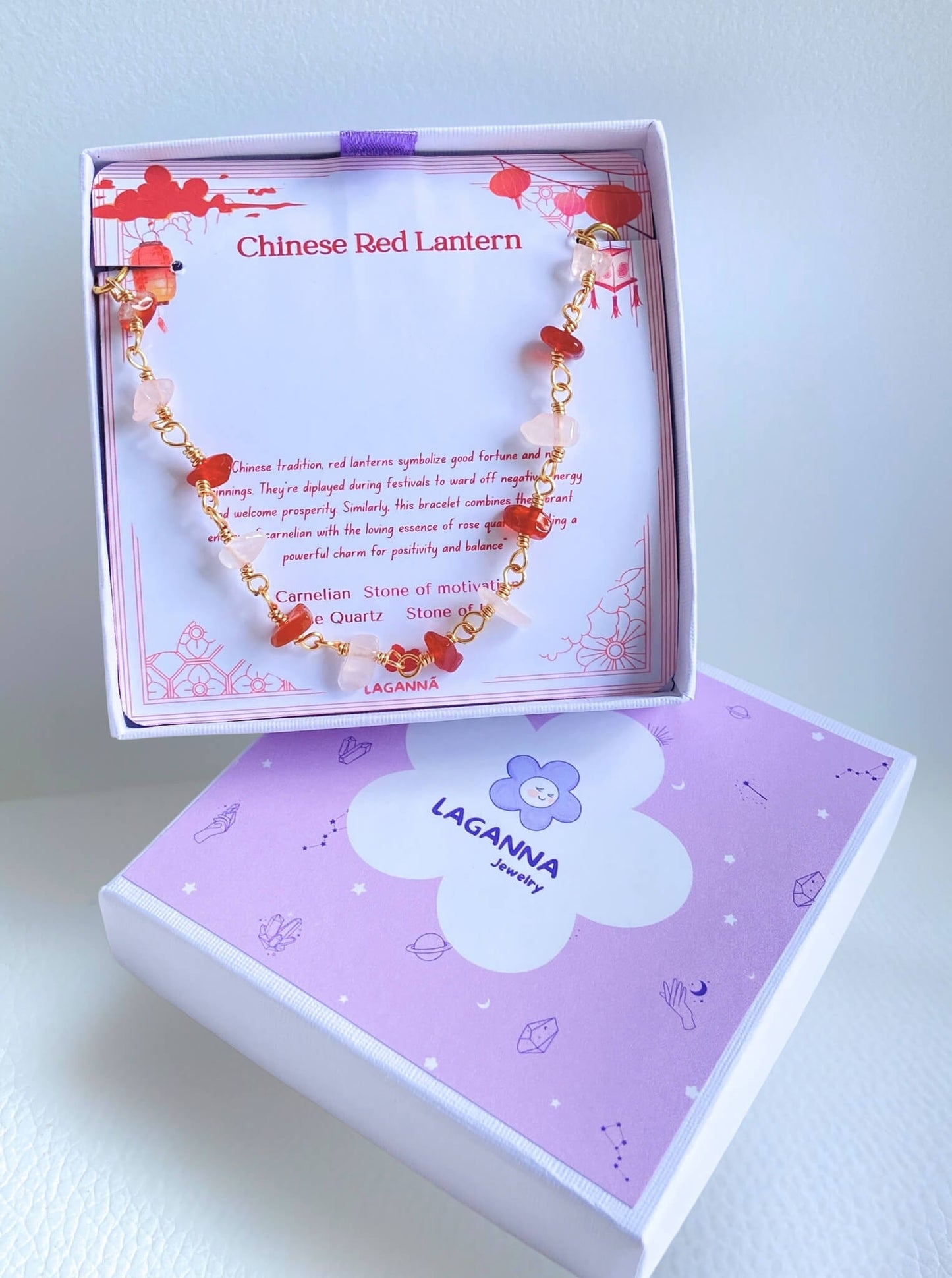 Elegant Chinese Red Lantern crystal bracelet with carnelian and rose quartz in premium Laganna jewelry box packaging on white background - handmade wire wrapped healing gemstone bracelet from Sri Lanka for Chinese New Year gifts and festive celebrations