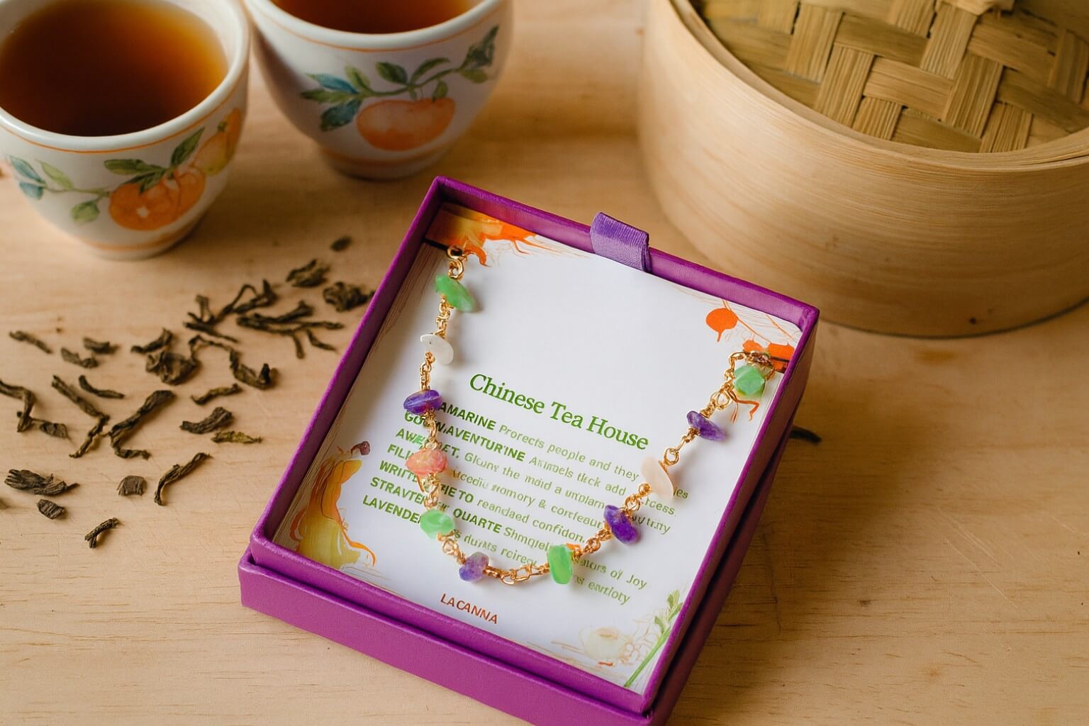 Chinese Tea House Bracelet with specific healing crystals in gold wire wrapping with tea ceremony backdrop