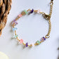 Chinese Tea House Bracelet rose quartz amethyst green aventurine aquamarine fluorite crystal chips gold wire linked bracelet overhead flat lay with rattan prop, handmade healing crystal bracelet Sri Lanka – Laganna
