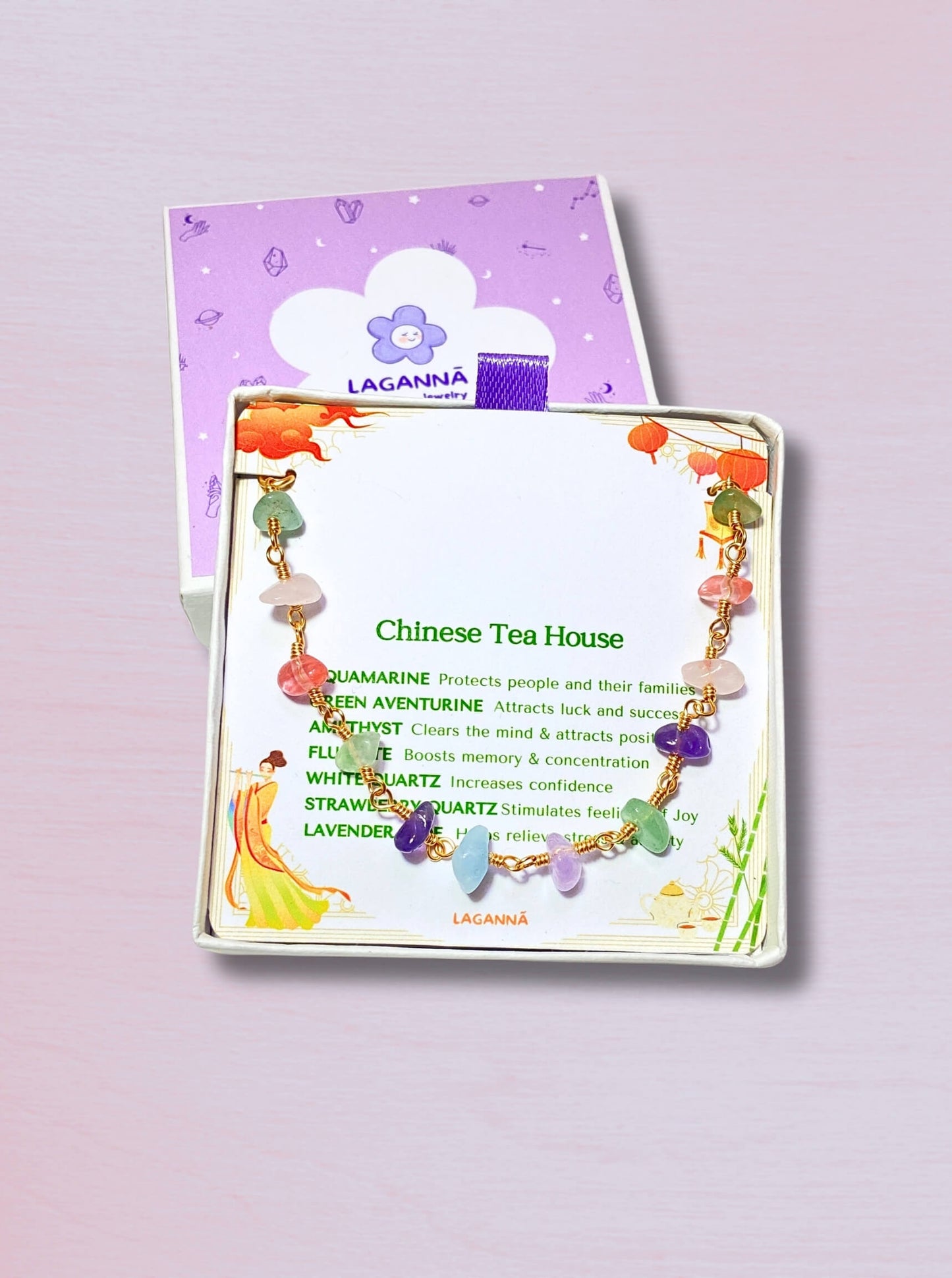 Chinese Tea House spiritual crystal bracelet rose quartz amethyst green aventurine aquamarine fluorite purple jade pink background gold wire wrapped bohemian jewelry women handmade