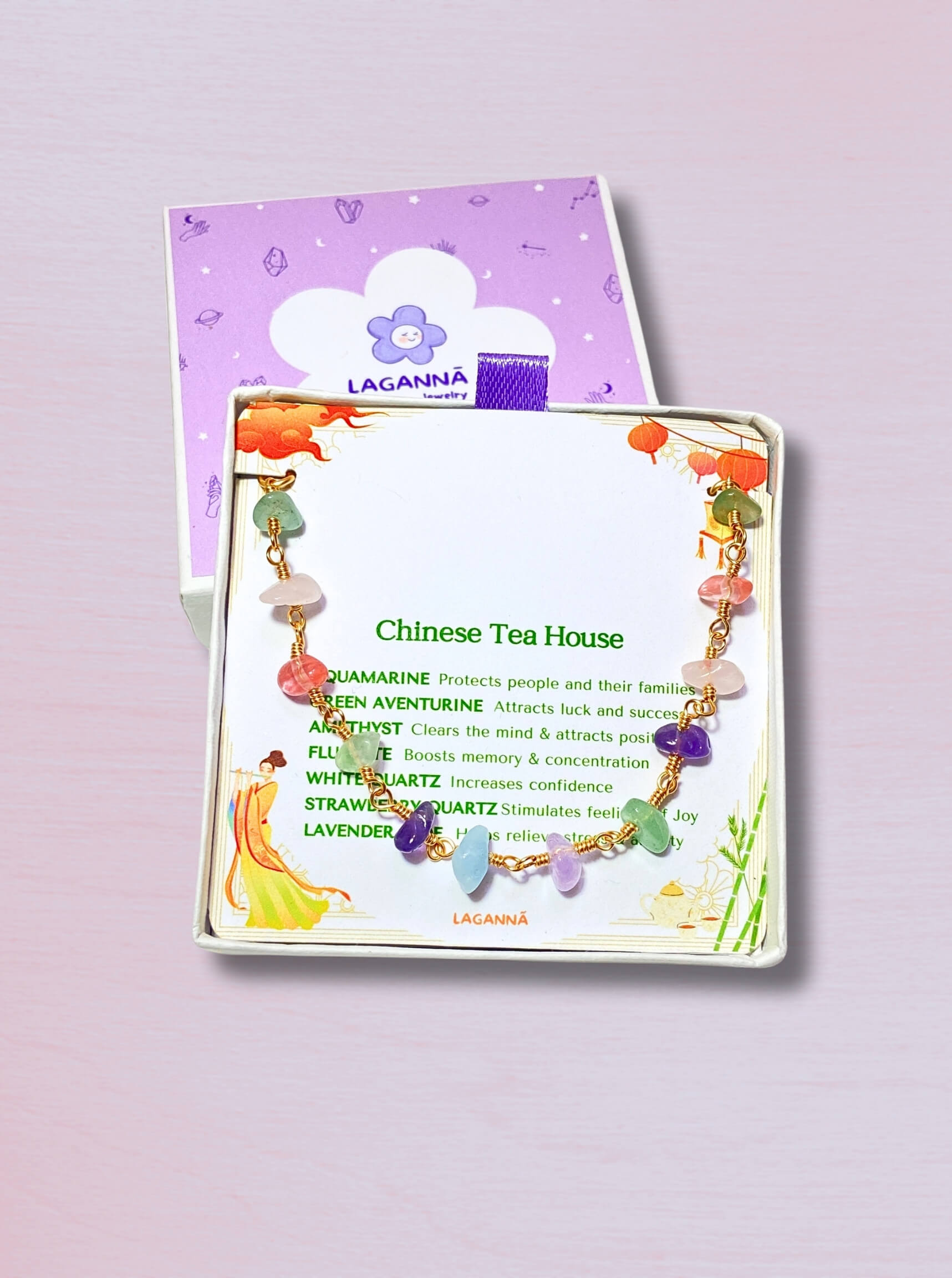 Chinese Tea House spiritual crystal bracelet rose quartz amethyst green aventurine aquamarine fluorite purple jade pink background gold wire wrapped bohemian jewelry women handmade