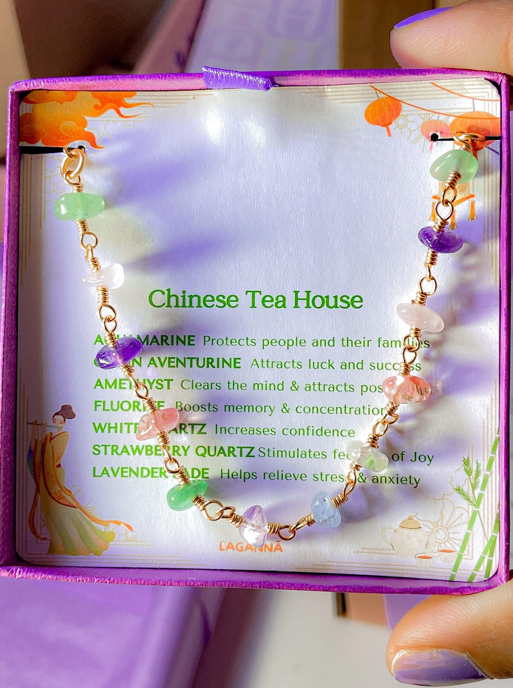 Wire wrapped Chinese Tea House healing bracelet rose quartz green aventurine amethyst purple jade aquamarine fluorite pink jewelry gift box chakra meditation women Sri Lankan boho