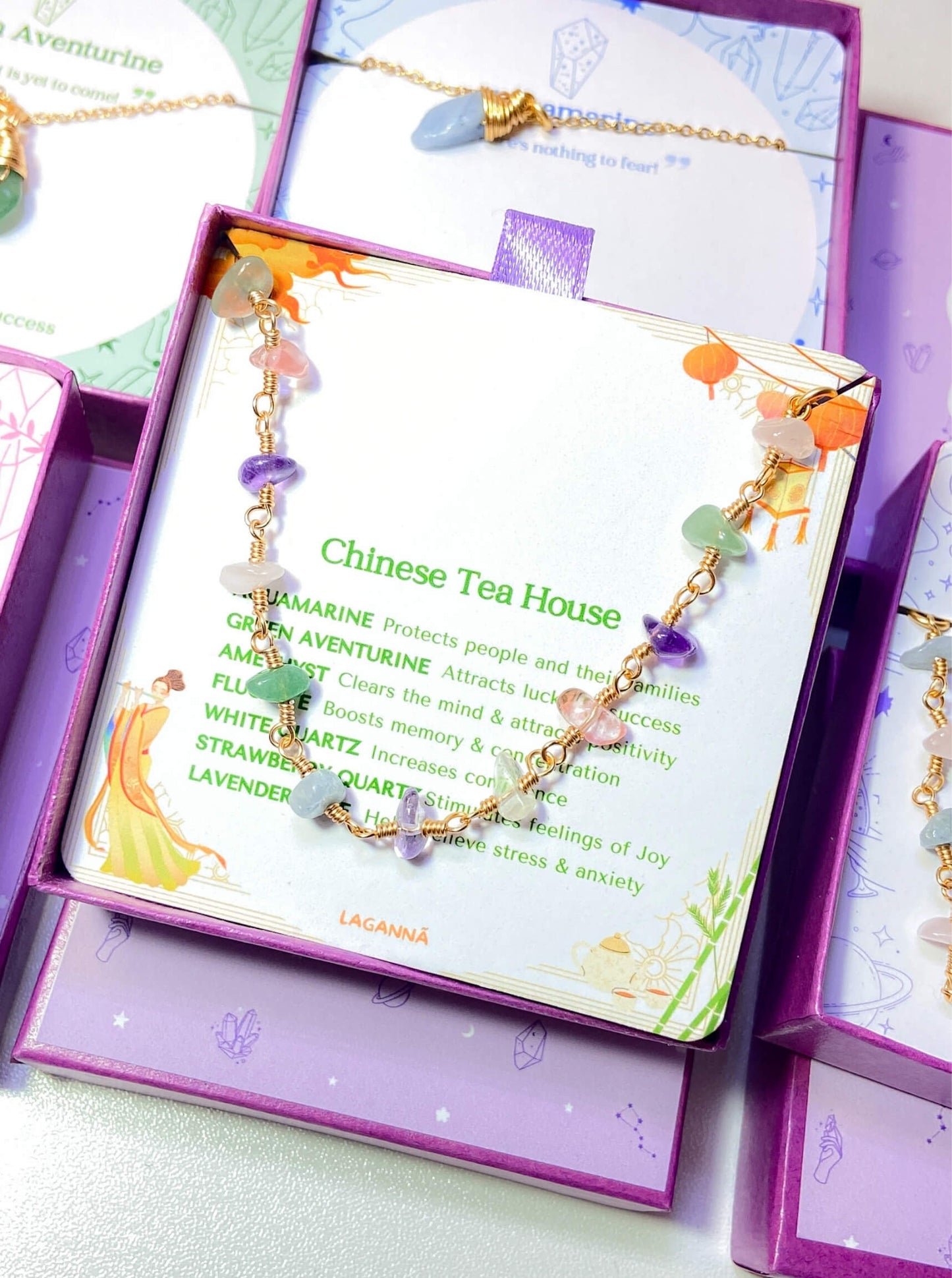 Aesthetic Chinese Tea House crystal bracelet rose quartz green aventurine amethyst purple jade aquamarine fluorite stacked jewelry boxes premium spiritual gifts women handmade Sri Lanka