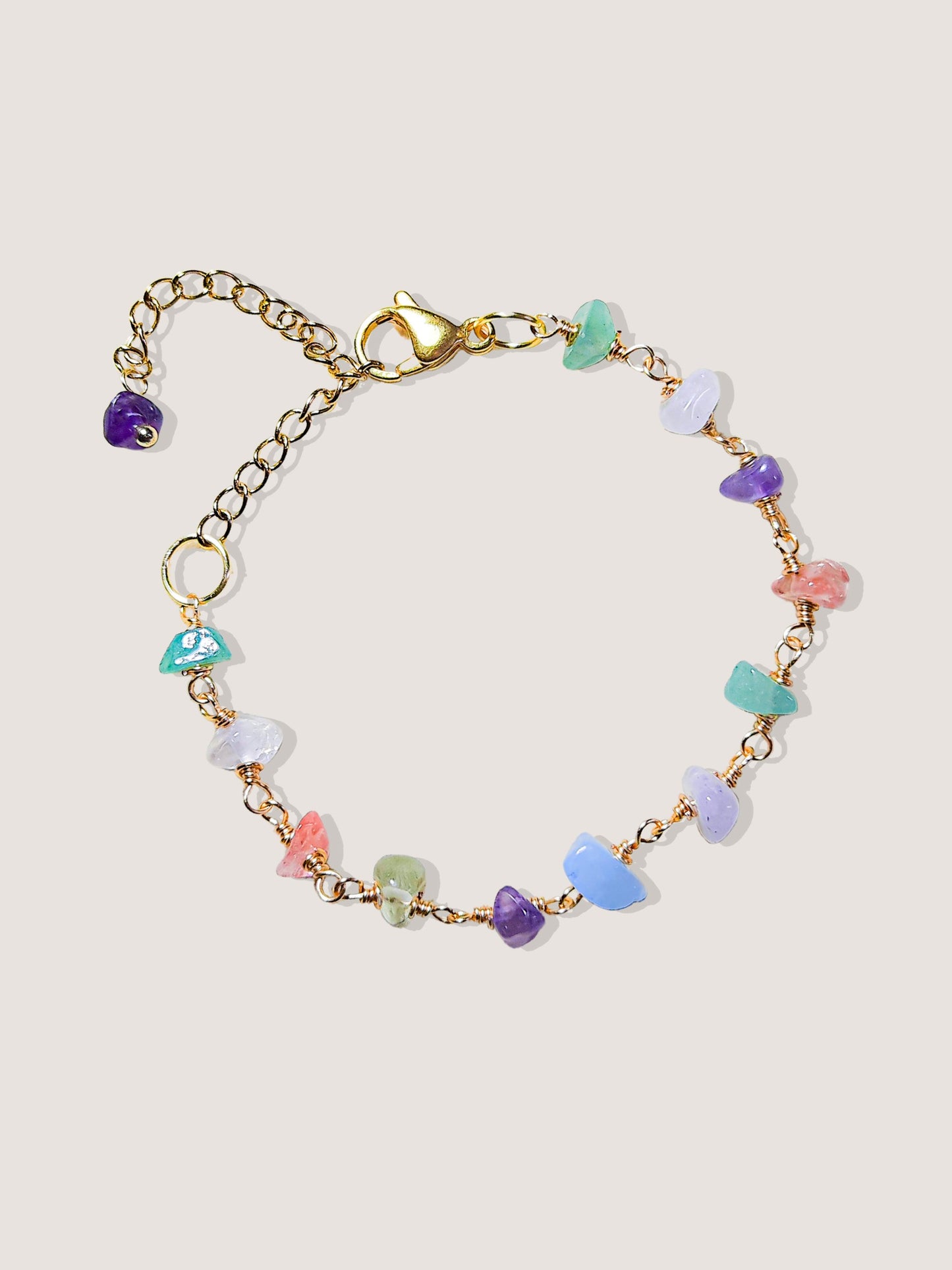 Gold wire wrapped Chinese Tea House crystal bracelet rose quartz amethyst green aventurine aquamarine fluorite purple jade healing gemstone boho spiritual jewelry women handmade Sri Lanka
