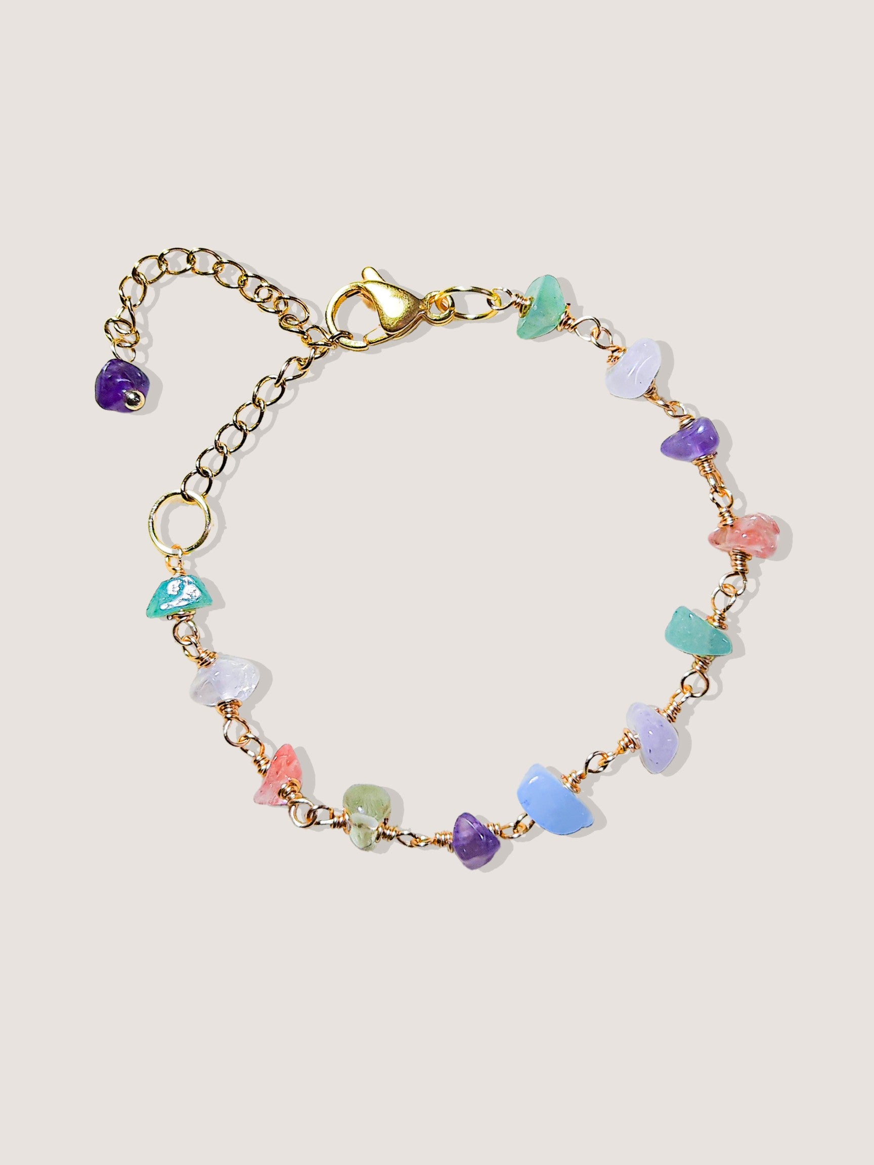 Gold wire wrapped Chinese Tea House crystal bracelet rose quartz amethyst green aventurine aquamarine fluorite purple jade healing gemstone boho spiritual jewelry women handmade Sri Lanka