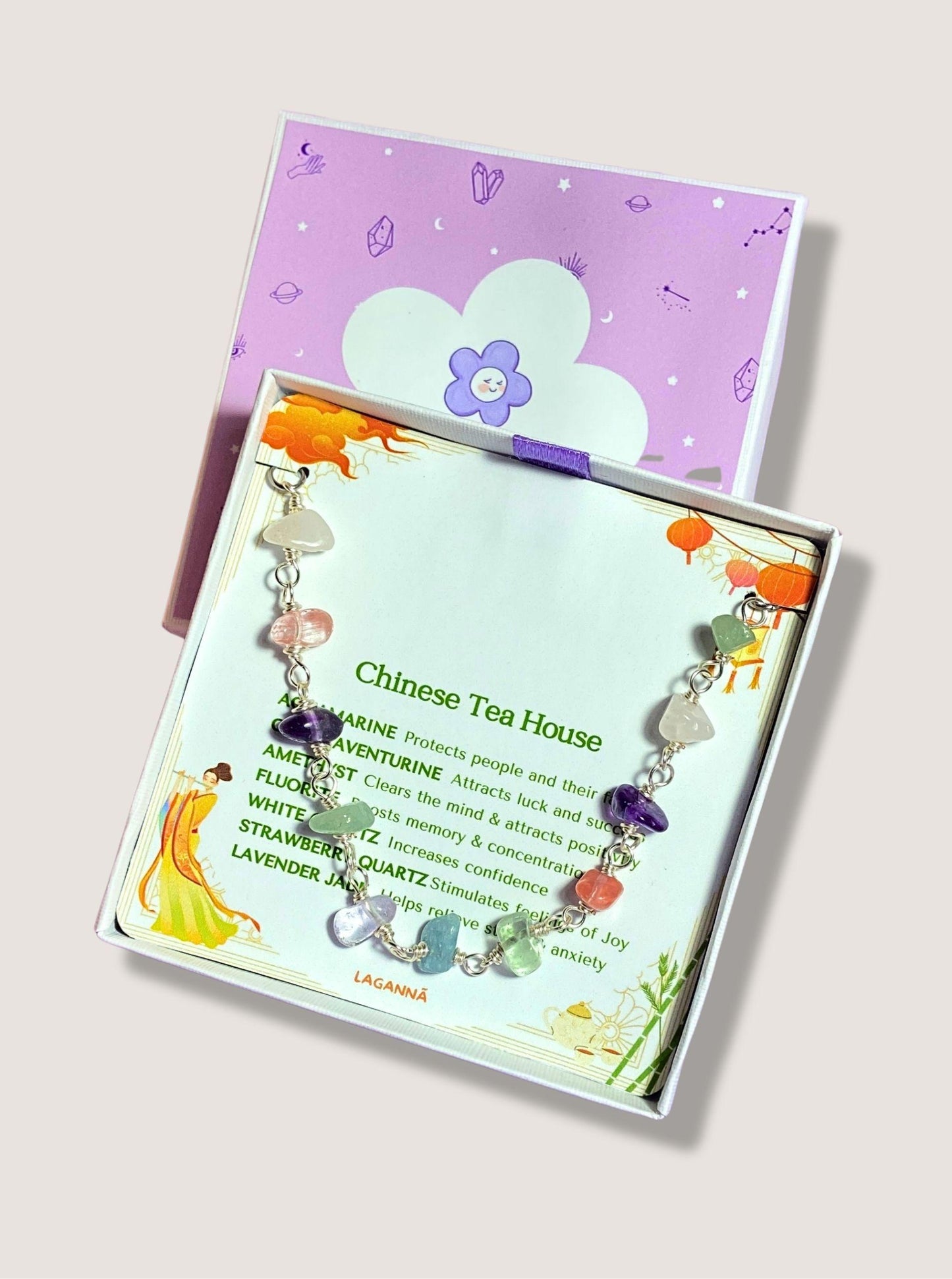 Beautiful Chinese Tea House healing crystal bracelet with silver wire wrapping on clean white background, featuring rose quartz amethyst green aventurine purple jade aquamarine fluorite - handmade spiritual jewelry from Sri Lanka for chakra meditation and balance