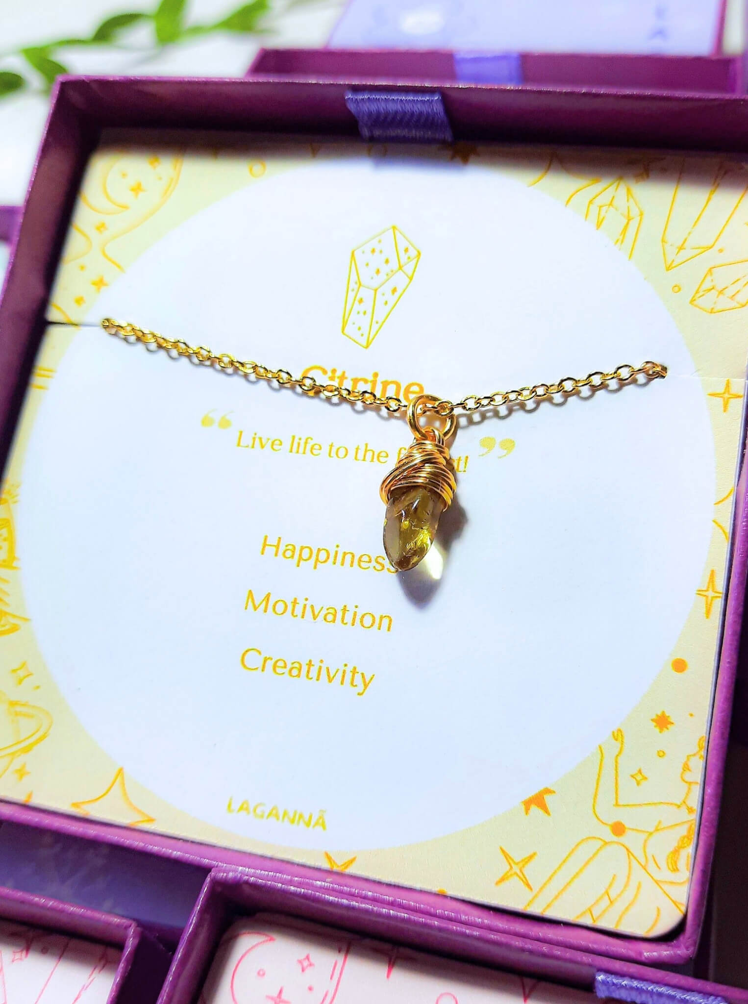 Citrine irregular stone necklace in gold wire wrap with jewelry box, handmade Sri Lankan healing crystal pendant for solar plexus chakra and abundance