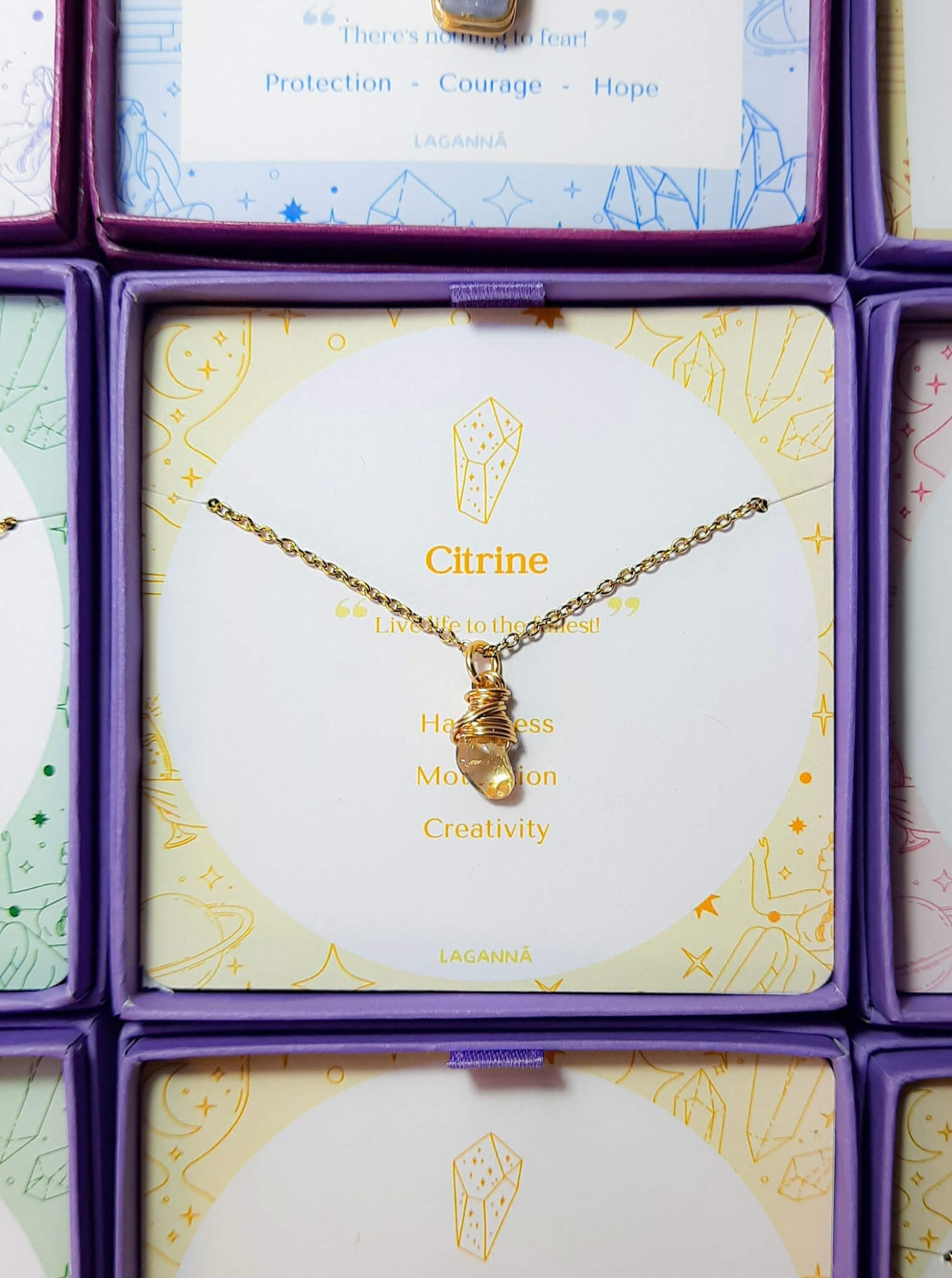 Citrine irregular stone necklace jewelry box stacked presentation, handmade Sri Lankan gold wire wrapped healing crystal pendant for confidence and prosperity