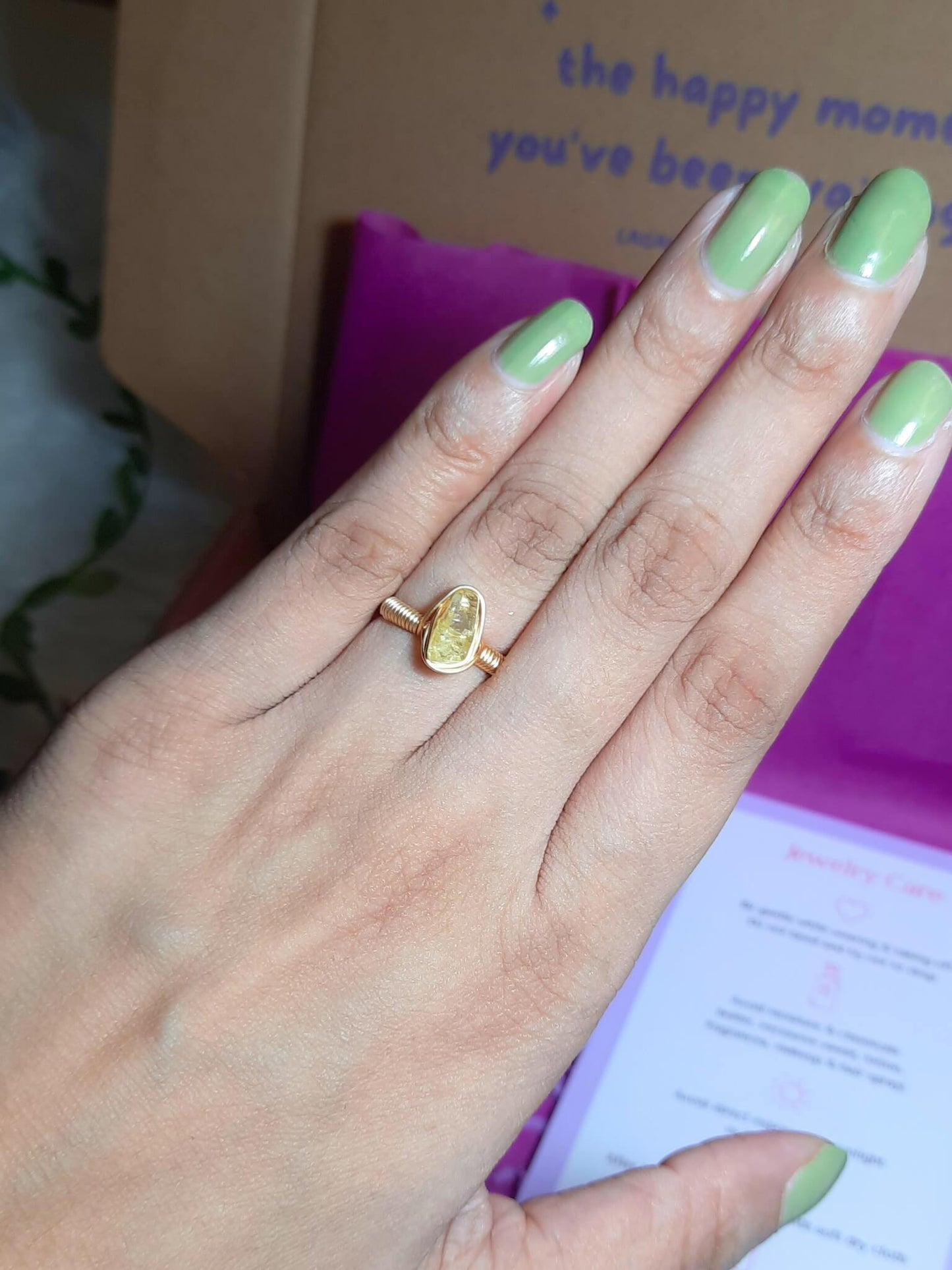 Citrine irregular stone ring worn showing handmade gold wire wrapped healing crystal jewelry lifestyle, Sri Lankan spiritual abundance ring featuring natural yellow gemstone perfect as boho prosperity ring and protective amulet for confidence and manifestation energy