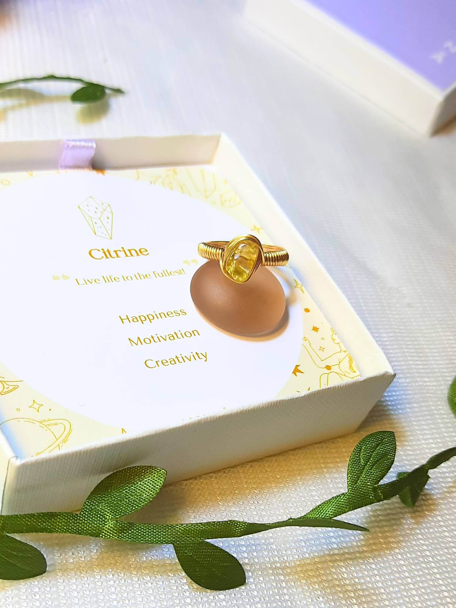 Handmade citrine irregular stone ring in elegant jewelry box showing gold wire wrapped healing crystal gift set, Sri Lankan artisan abundance ring featuring natural yellow gemstone perfect as solar plexus chakra jewelry gift for prosperity and confidence with premium packaging