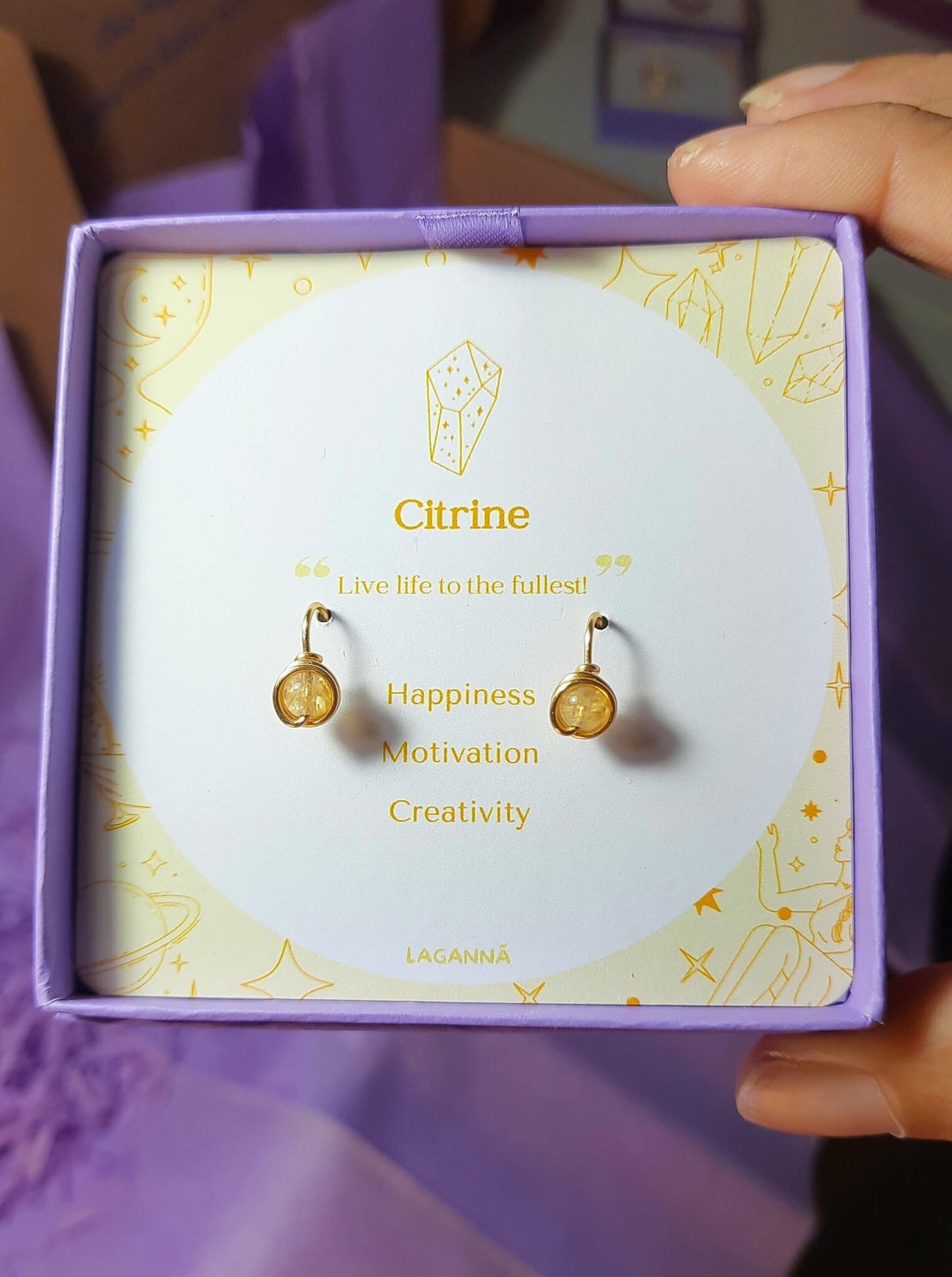 Citrine Mini Round Stud Earrings packaging with crystal meaning card - handcrafted wire-wrapped healing jewelry gift from Sri Lanka featuring natural citrine stone for motivation, happiness, and creativity
