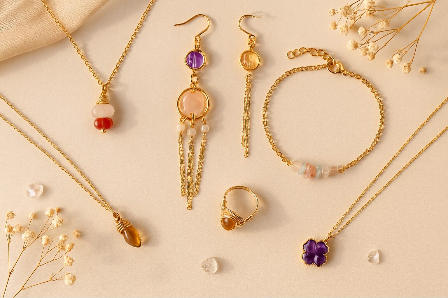 Clean aesthetic flat lay composition featuring Love Duo necklace, Crystal Planet earrings, French Palace bracelet, citrine necklace, tiger's eye ring, and amethyst clover necklace arranged in harmonious luxury styling