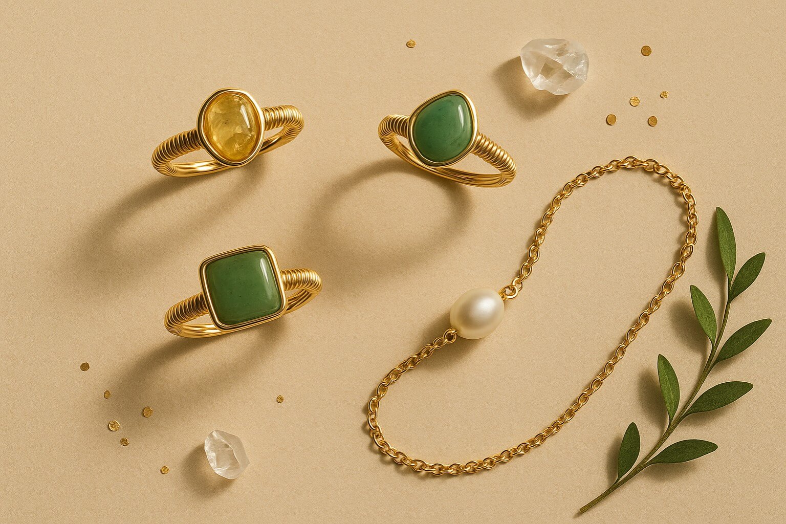 Clean celebratory aesthetic flat lay featuring Citrine irregular stone ring, Green Aventurine irregular stone ring, Olive Jade square stone ring, and Freshwater Pearl bracelet arranged in luxurious milestone celebration styling