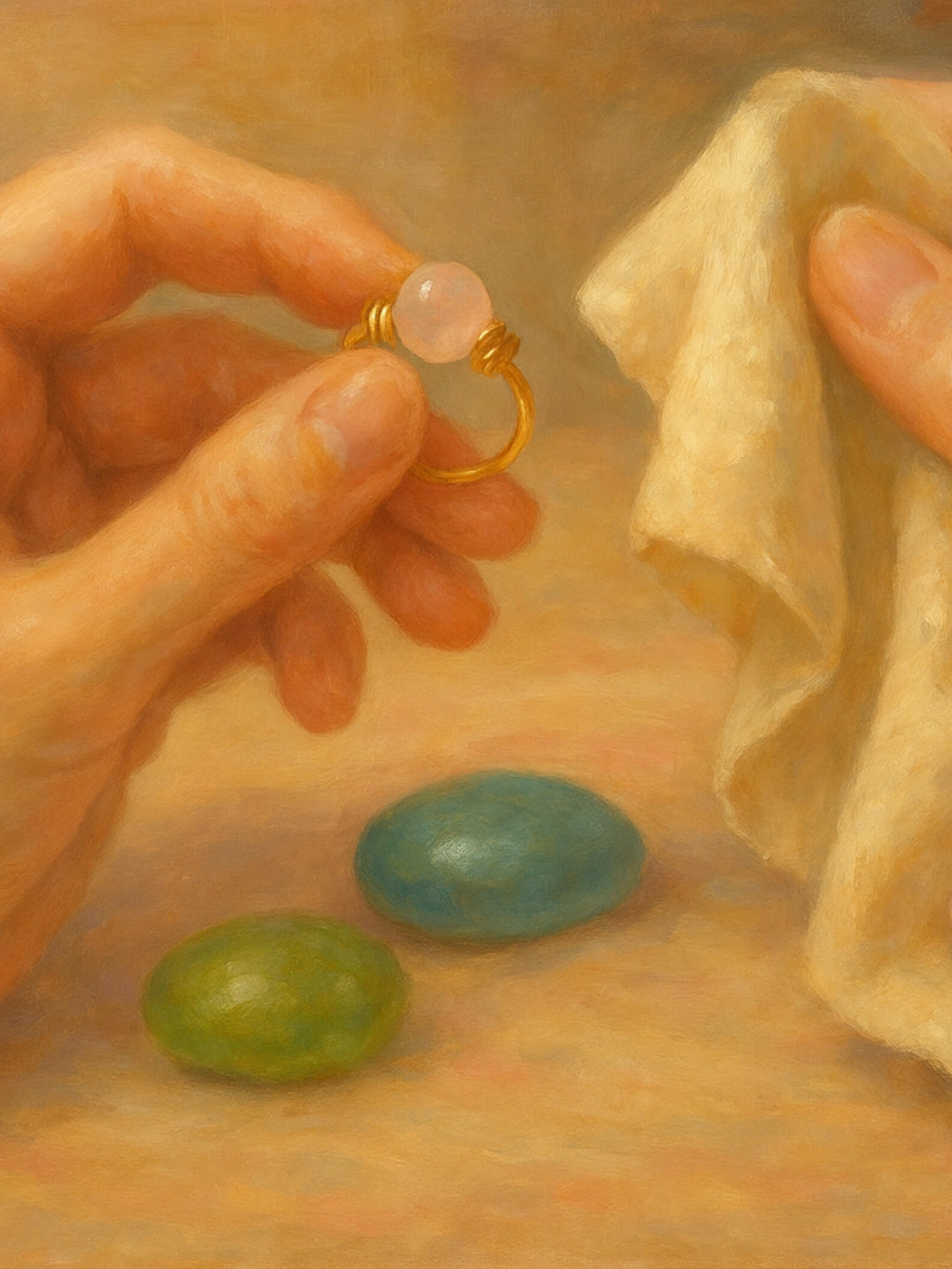 Laganna jewelry gentle cleaning guide demonstrating proper care technique for delicate rose quartz gold ring with soft cloth - essential jewelry maintenance tips to preserve gemstone brilliance and gold finish in Sri Lanka 