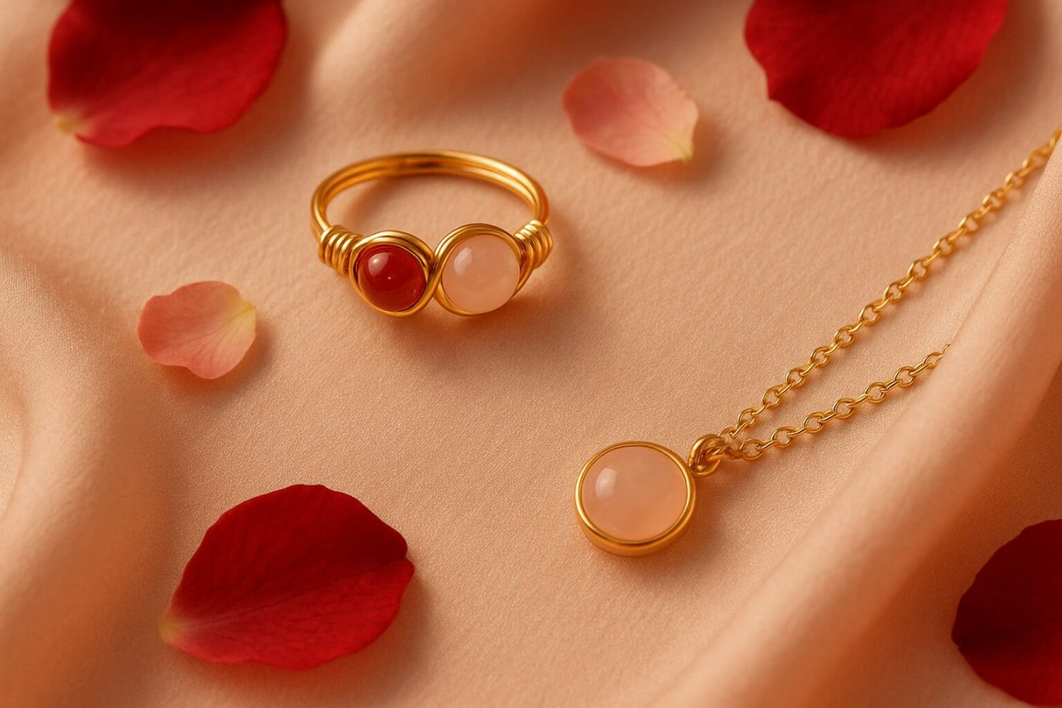 Clean romantic aesthetic flat lay featuring Love Duo ring with rose quartz and carnelian and Rose Quartz round stone necklace in intimate partner styling