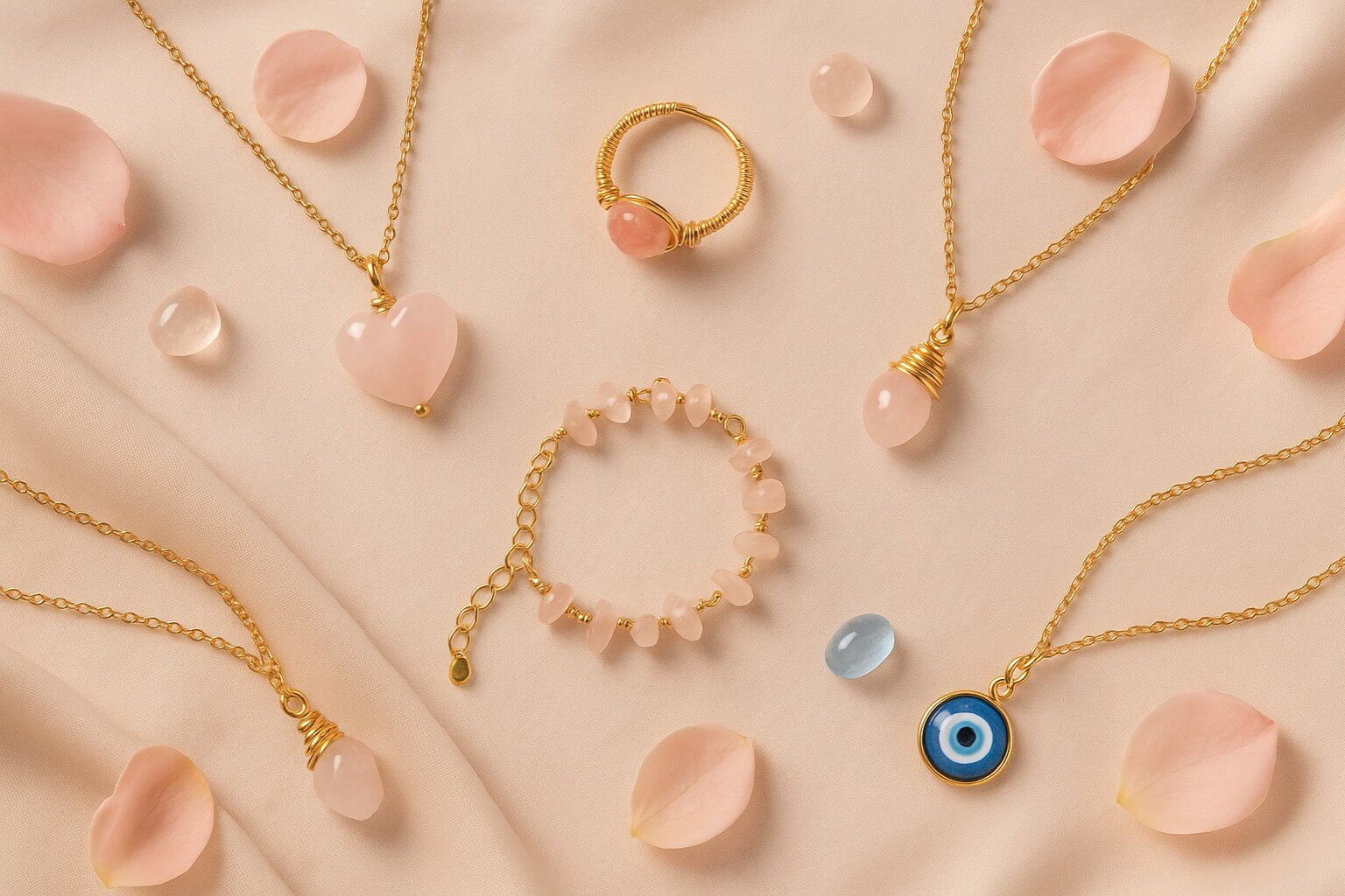 Clean romantic aesthetic flat lay featuring Sweet Heart rose quartz necklace, Blush Rose pink chalcedony pendant, Pink Tourmaline braided ring, Petal of Love rose quartz bracelet, Rose Quartz irregular stone necklace, and Blue Evil Eye protection necklace in dreamy feminine styling
