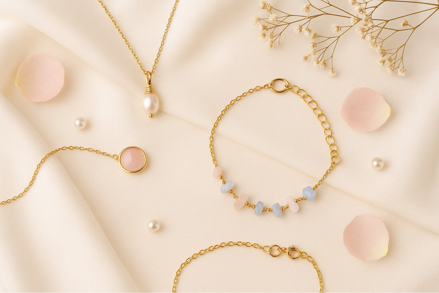 Clean romantic wedding aesthetic flat lay featuring Freshwater Pearl necklace, Rose Quartz round stone necklace, and Petal & Sea gold bracelet with rose quartz and aquamarine in dreamy bridal styling