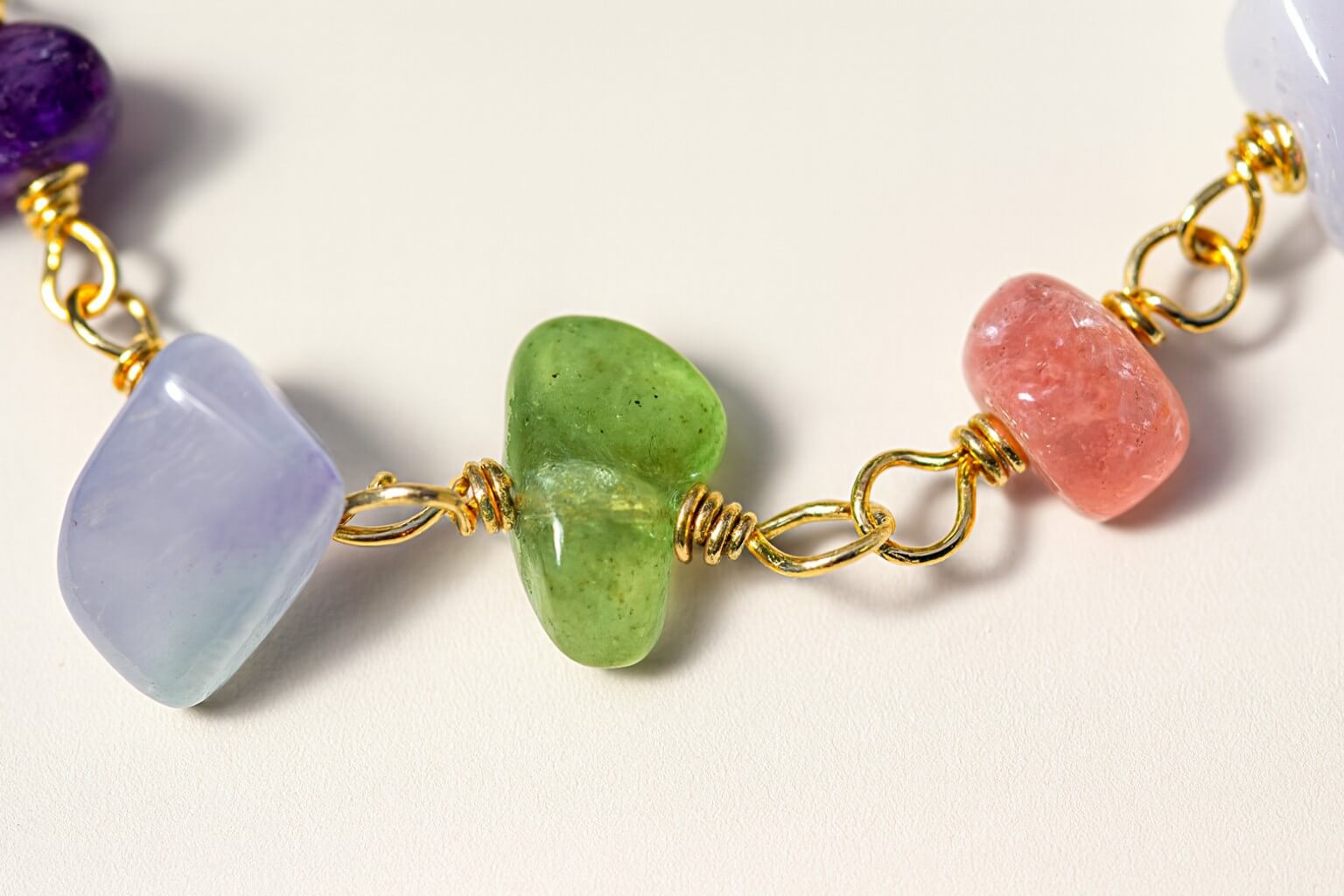 Close-up detail of Chinese Tea House Bracelet showing intricate wire wrapping of each healing crystal
