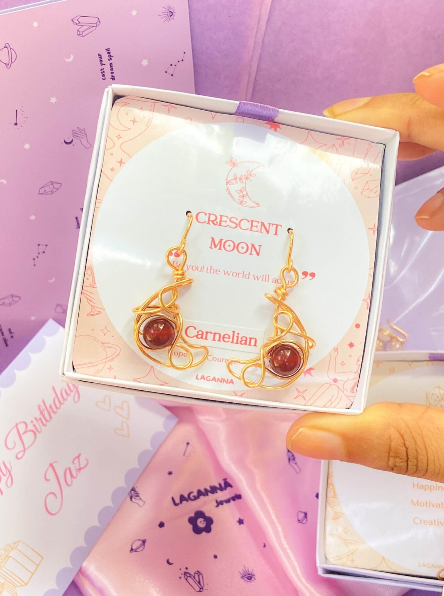 Crescent moon dangle earrings with carnelian jewelry box packaging, handmade Sri Lankan gold wire wrapped celestial earrings gift for courage and creativity
