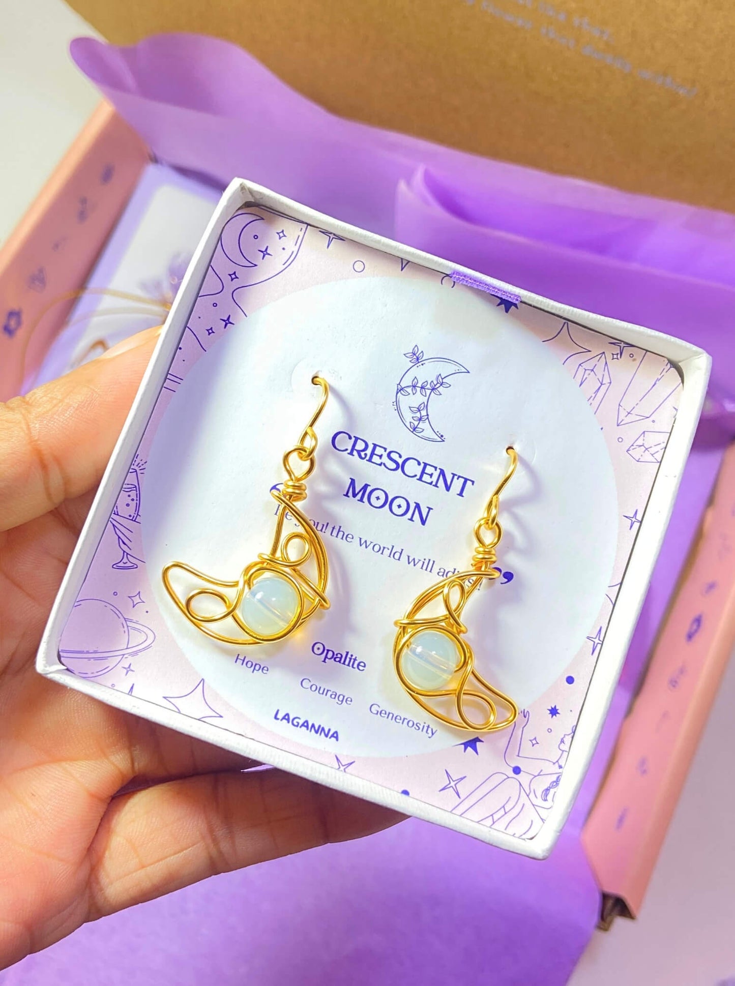 Beautiful Crescent Moon Dangle Earrings with Opalite healing crystals, handmade gold wire wrapped celestial jewelry from Sri Lanka by Laganna, elegantly presented in premium gift box packaging