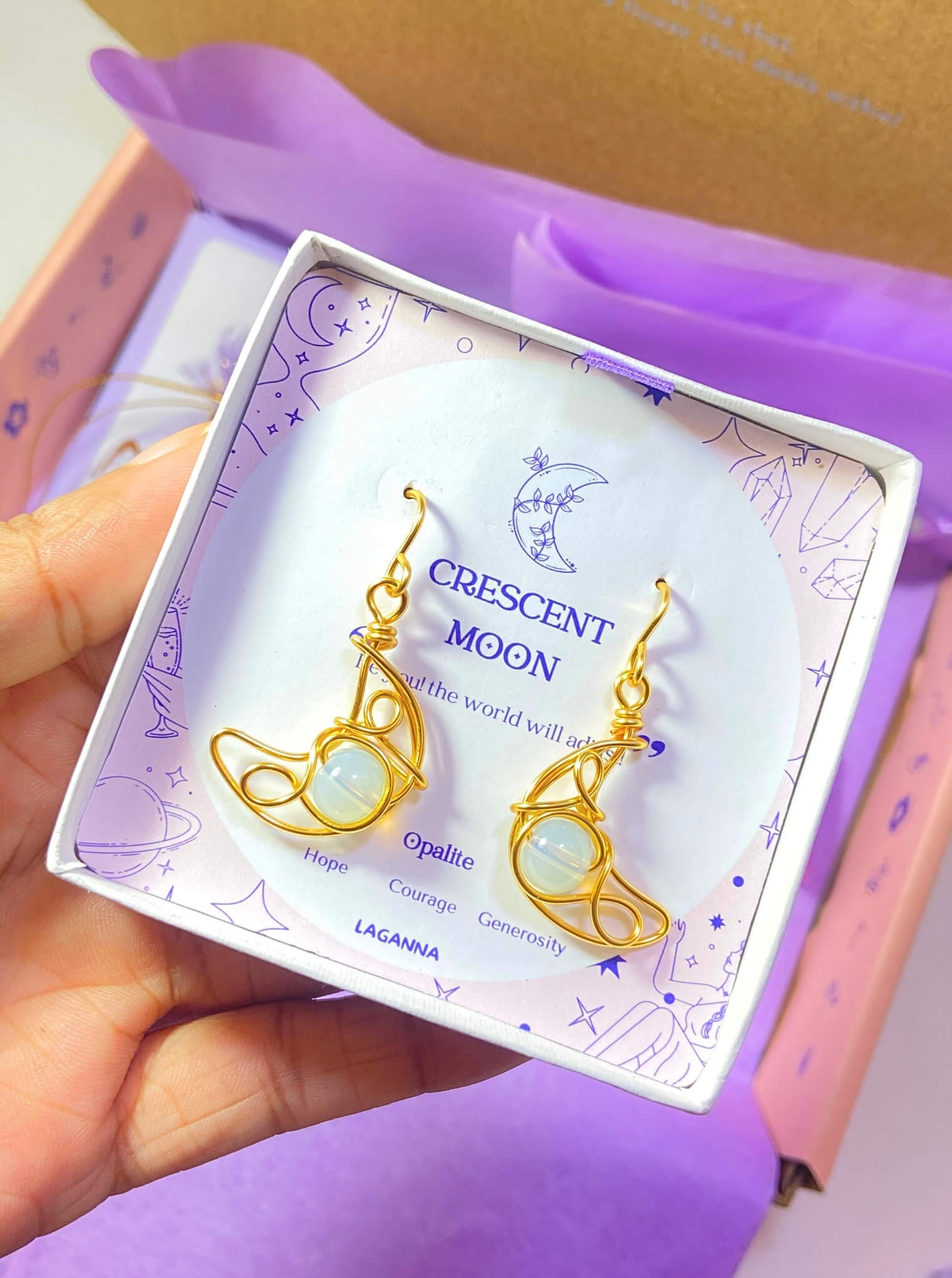 Beautiful Crescent Moon Dangle Earrings with Opalite healing crystals, handmade gold wire wrapped celestial jewelry from Sri Lanka by Laganna, elegantly presented in premium gift box packaging
