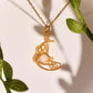 Crescent Moon Necklace Moonstone gold wire wrapped crescent pendant with green botanical leaves natural styling, handmade healing crystal jewelry Sri Lanka Laganna