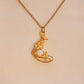Crescent Moon Necklace Moonstone gold wire crescent pendant resting on white ceramic surface artistic flat lay, handmade healing crystal necklace Sri Lanka Laganna