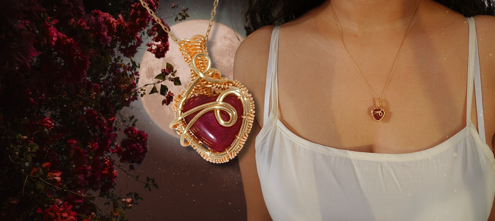 Crimson Heart Red Chalcedony pendant necklace with gold wire wrapping – editorial banner showing enlarged pendant against moonlit roses and model wearing necklace, handcrafted devotion jewelry by Laganna Sri Lanka

