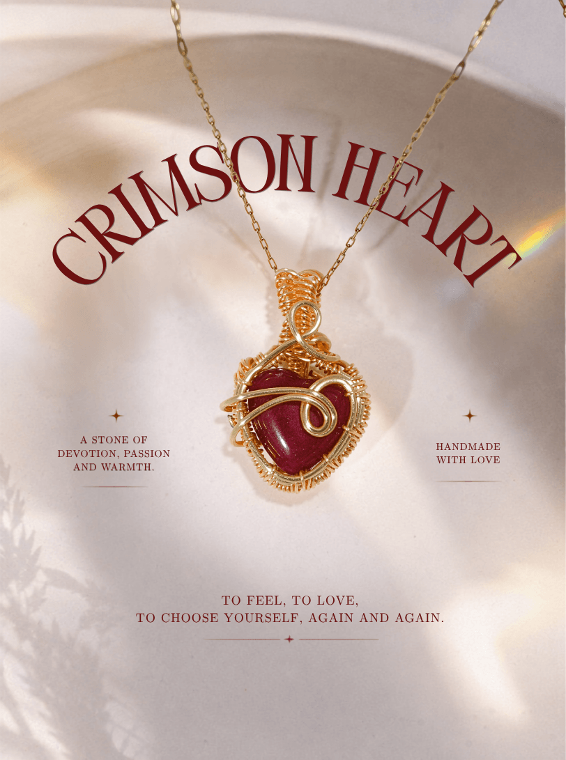 Crimson Heart Red Chalcedony pendant necklace with gold wire wrapping on white ceramic dish – handmade with love in Sri Lanka, a stone of devotion passion and warmth by Laganna
