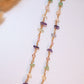 Crystal Garden Eyeglass Chains with wire wrapped amethyst green aventurine rose quartz and citrine chip stones on gold chain flat lay, handmade healing crystal accessory Sri Lanka – Laganna