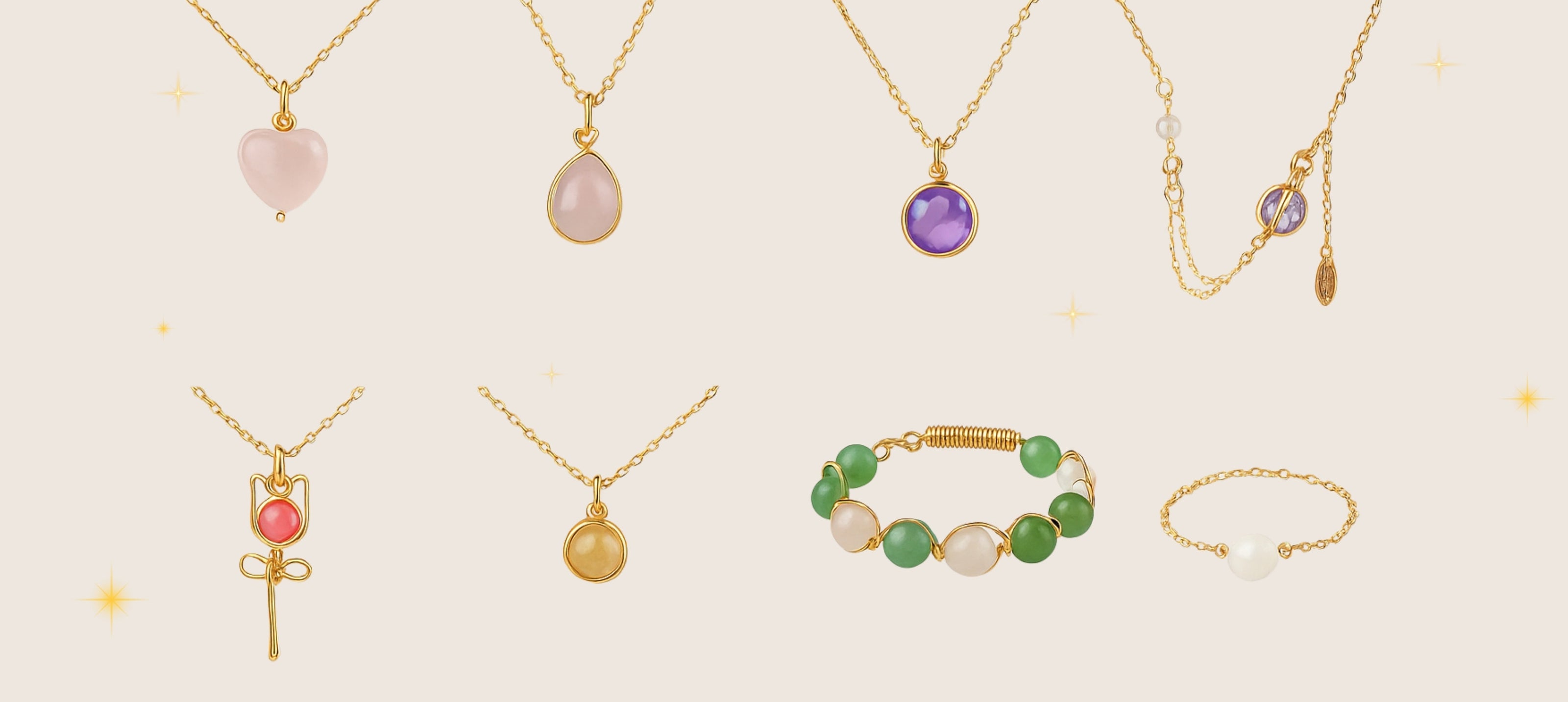 Crystal match jewelry collection featuring elegant gold necklaces with rose quartz heart pendant, moonstone teardrop pendant, amethyst round pendant, citrine pendant, coral cross pendant, aventurine and moonstone beaded bracelet, and delicate gold chain bracelet on soft beige background - perfect gemstone jewelry for crystal healing, spiritual wellness, and bohemian fashion style 