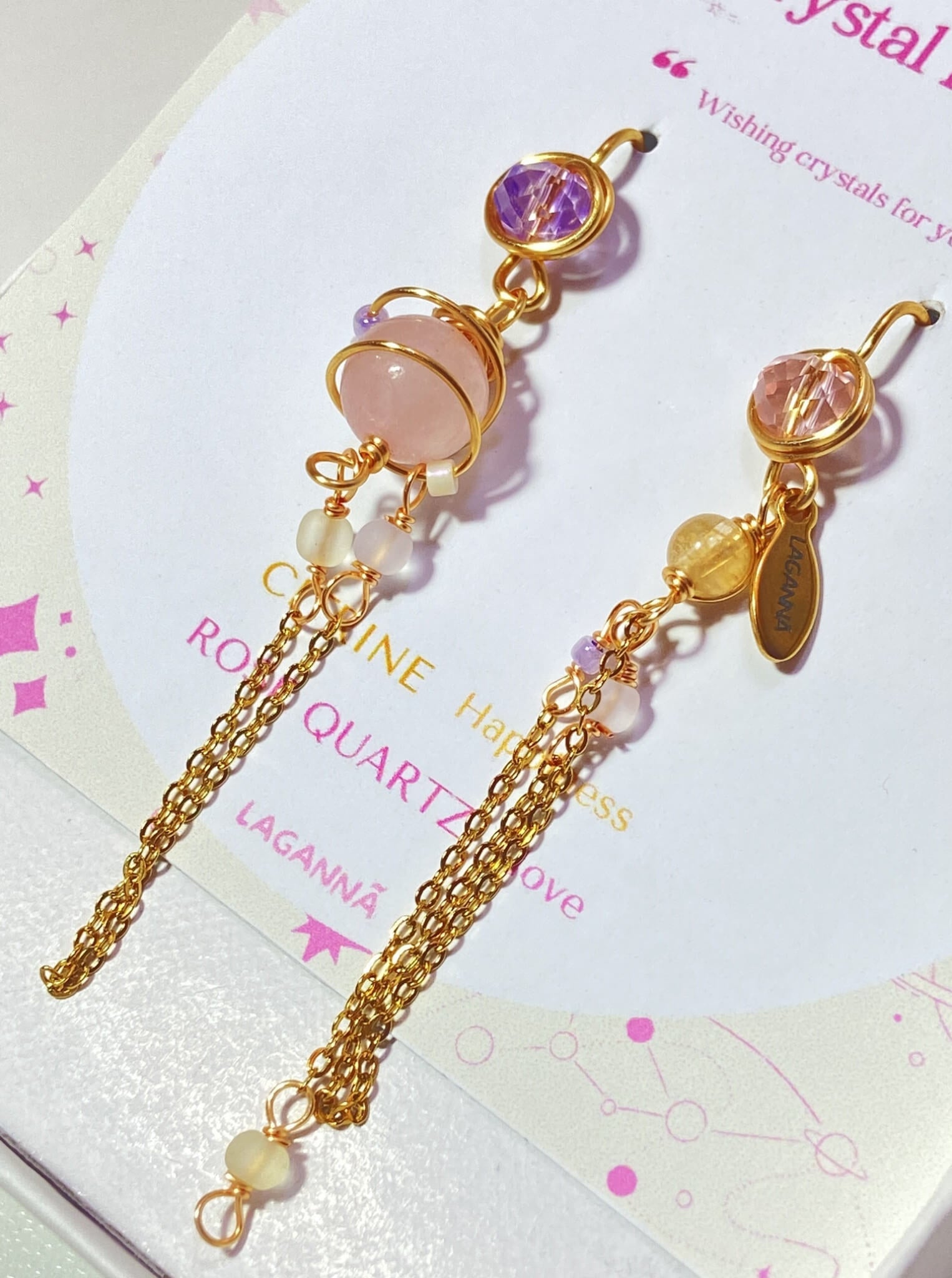 Crystal Planet mismatched dangle earrings with rose quartz and citrine in jewelry box, handmade Sri Lankan gold wire wrapped earrings for love and abundance
