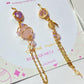 Crystal Planet mismatched dangle earrings jewelry box side view, handmade Sri Lankan rose quartz and citrine wire wrapped earrings for love and abundance energy