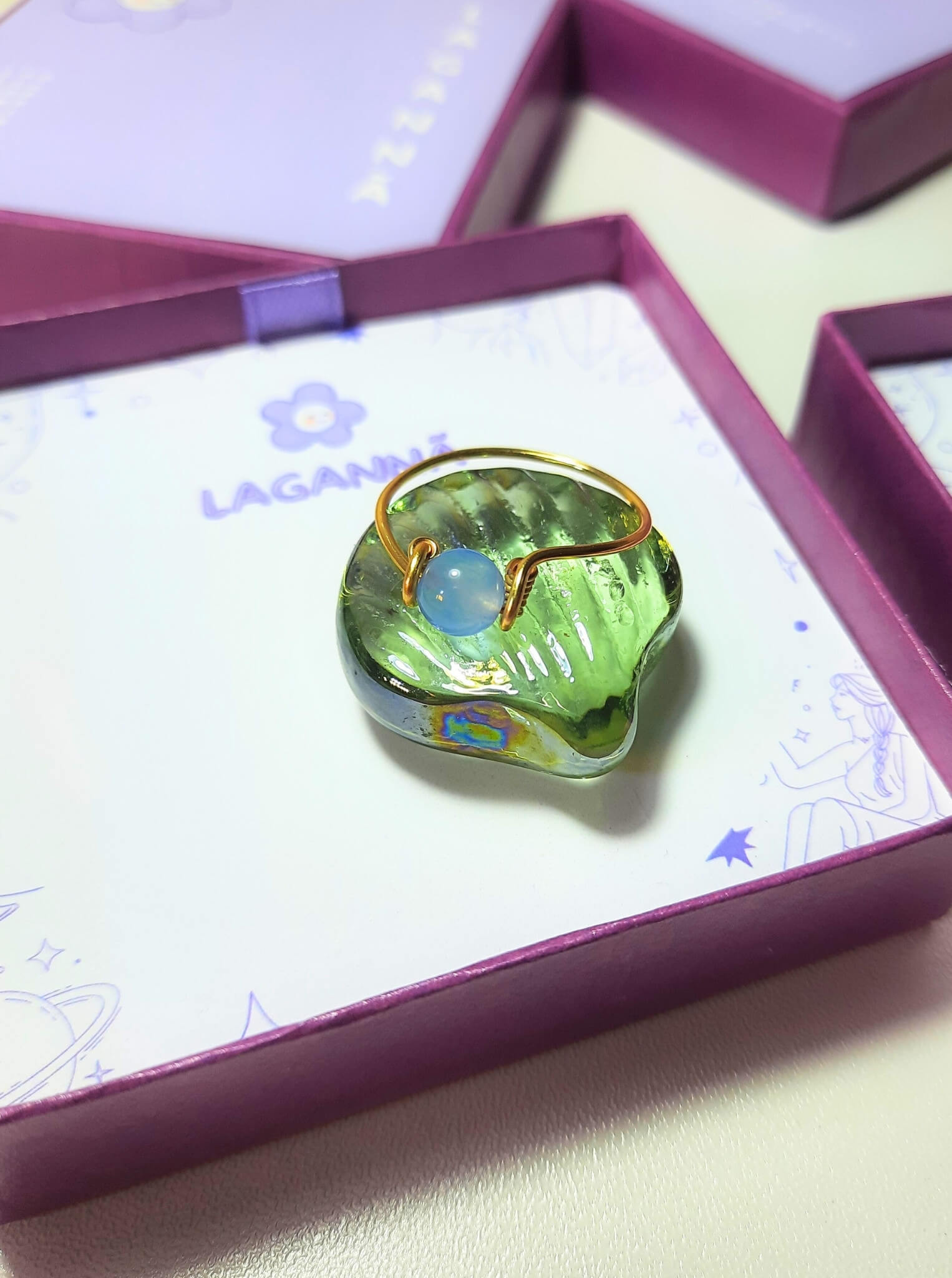 Dainty round blue chalcedony ring in gold wire wrap with jewelry box, handmade Sri Lankan healing crystal ring for calm and tranquility