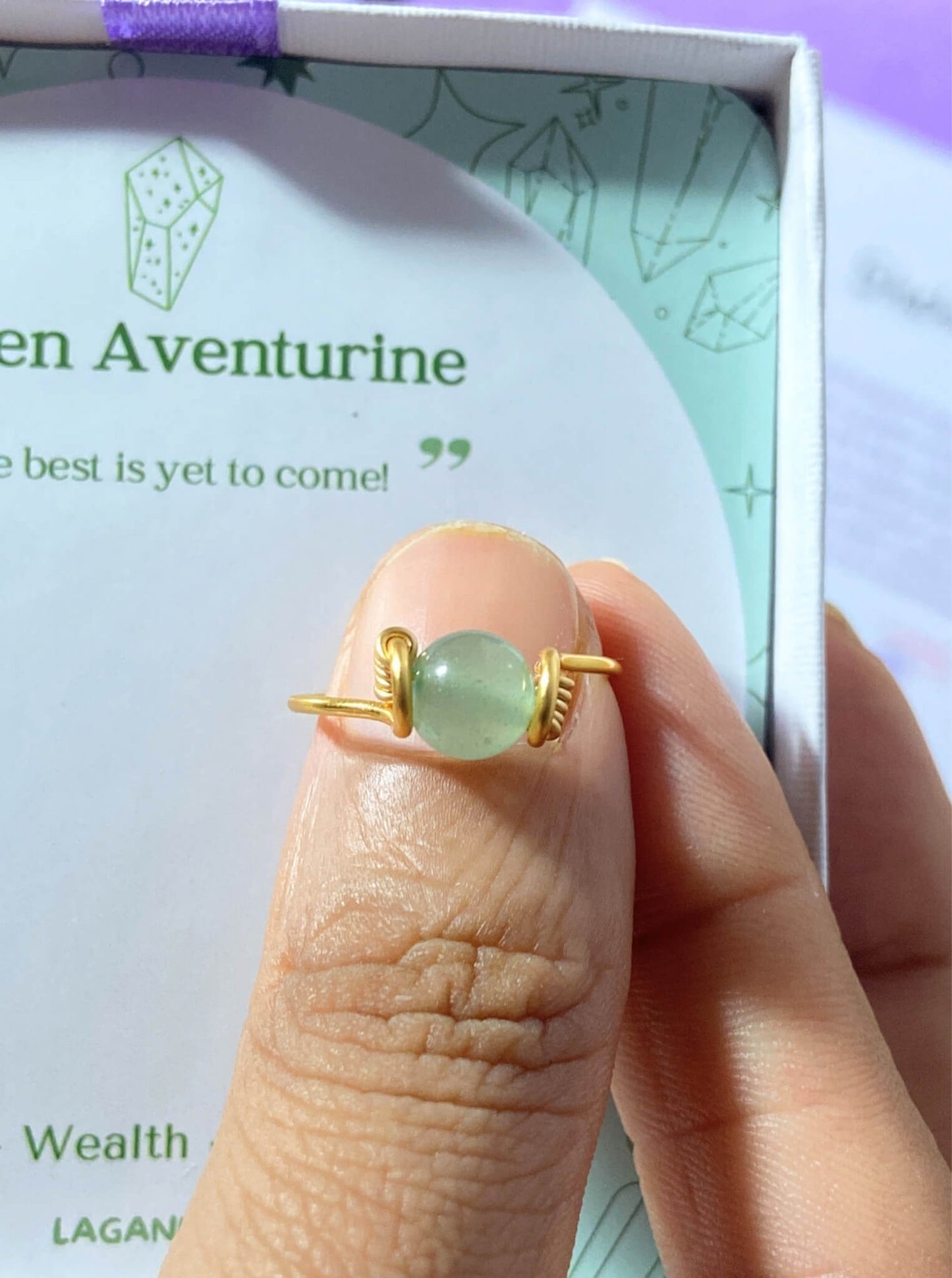 Handmade dainty round green aventurine ring with delicate wire wrap design featuring natural green healing crystal stone for prosperity good fortune abundance heart chakra jewelry Sri Lanka artisan crafted luck opportunity growth manifestation

