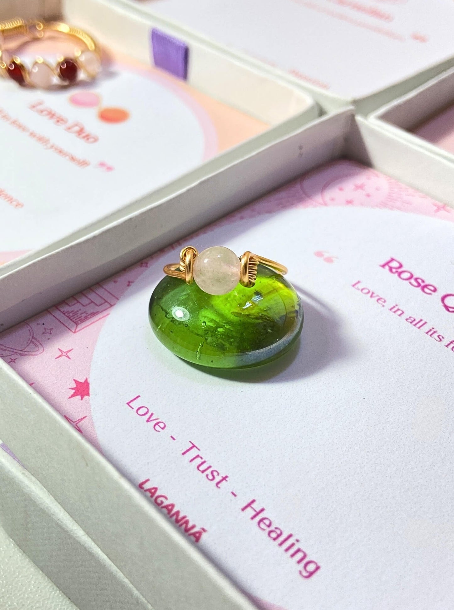 Dainty round rose quartz ring in gold wire wrap with jewelry box, handmade Sri Lankan healing crystal ring for heart chakra and inner peace