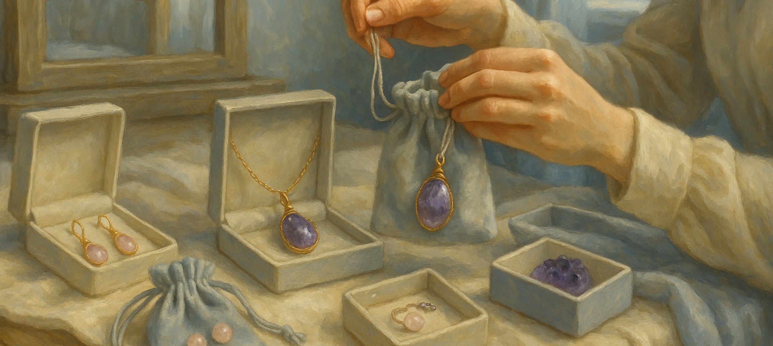Laganna jewelry storage solutions featuring elegant jewelry boxes and soft pouches with amethyst and rose quartz gemstone pieces - proper jewelry care and organization guide from Sri Lanka