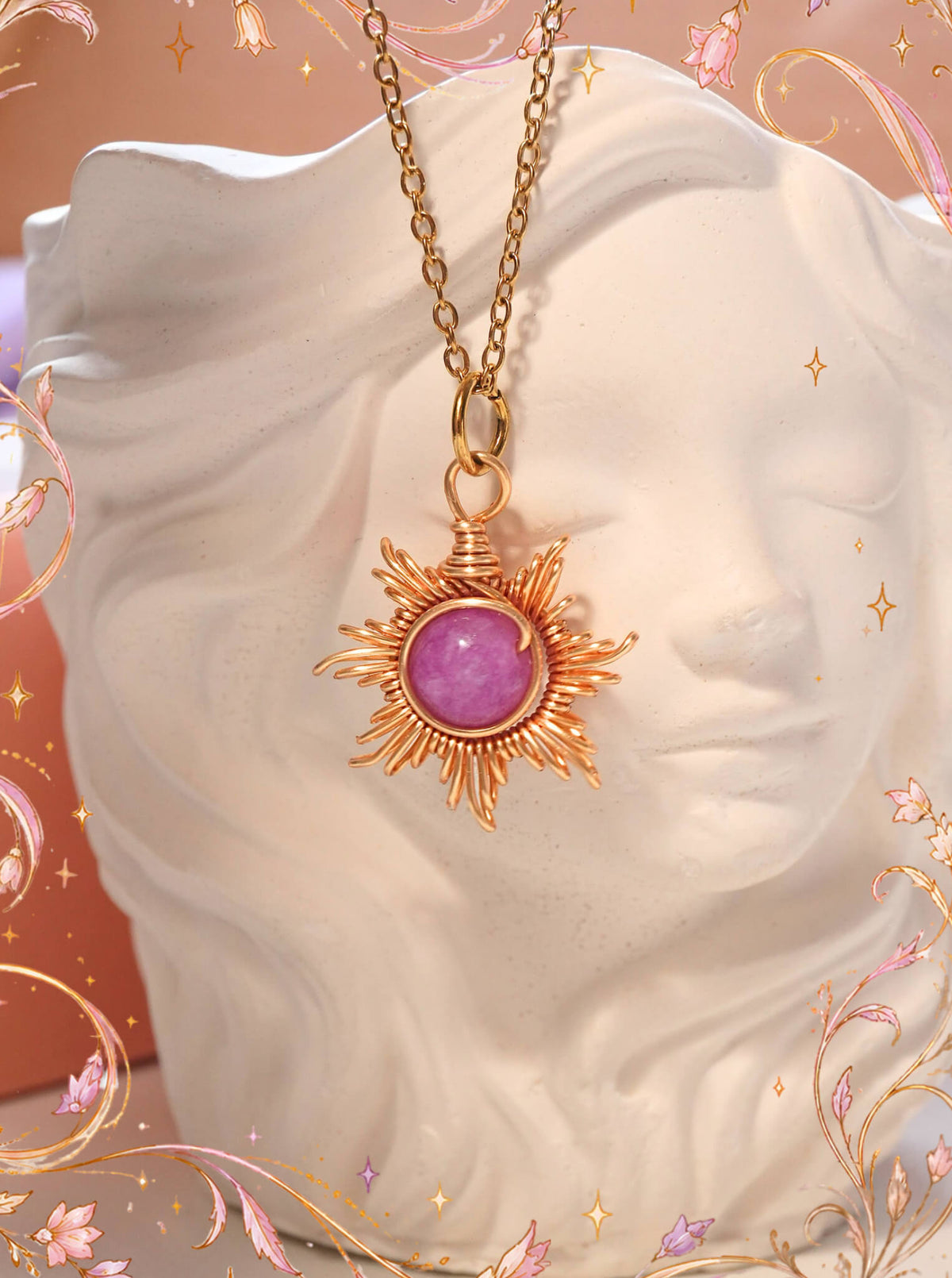 Eternal Sun Necklace with a round Purple Angelite stone and gold wire sun rays, displayed on a small white statue, handmade in Sri Lanka by Laganna.
