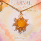 Eternal Sun Necklace Yellow Onyx close-up gold wire-wrapped sun pendant with vibrant yellow stone, handmade healing crystal jewelry Sri Lanka Laganna
