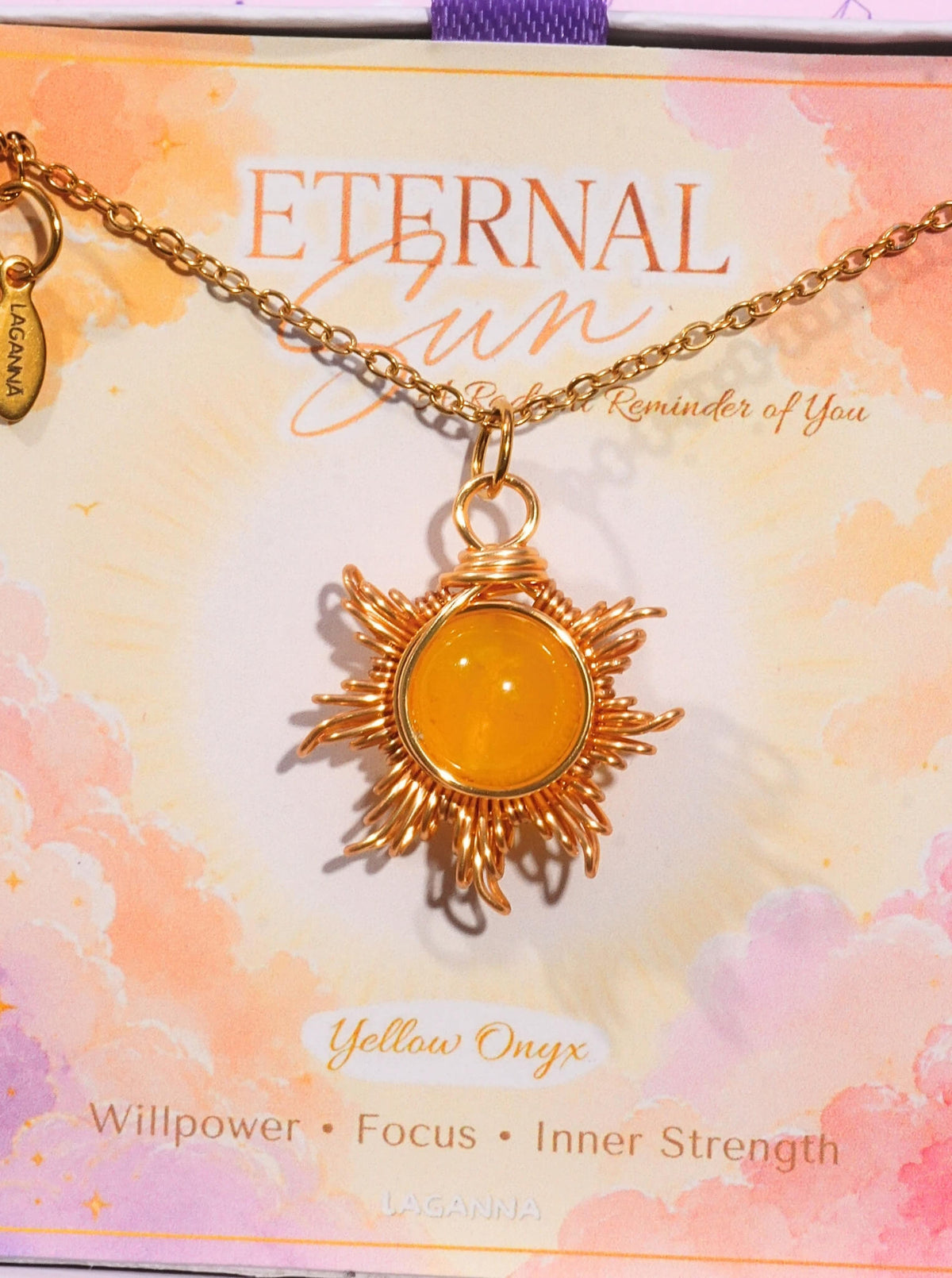 Eternal Sun Necklace Yellow Onyx close-up gold wire-wrapped sun pendant with vibrant yellow stone, handmade healing crystal jewelry Sri Lanka Laganna
