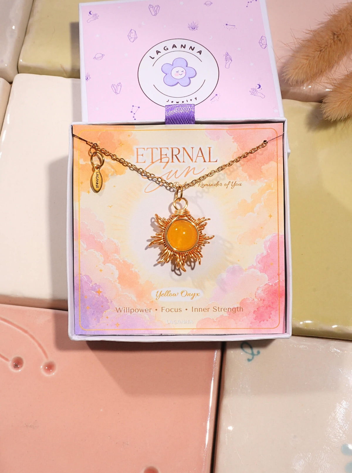 Eternal Sun Necklace Yellow Onyx gold wire-wrapped sun pendant in Laganna gift box, willpower focus inner strength healing crystal jewelry Sri Lanka
