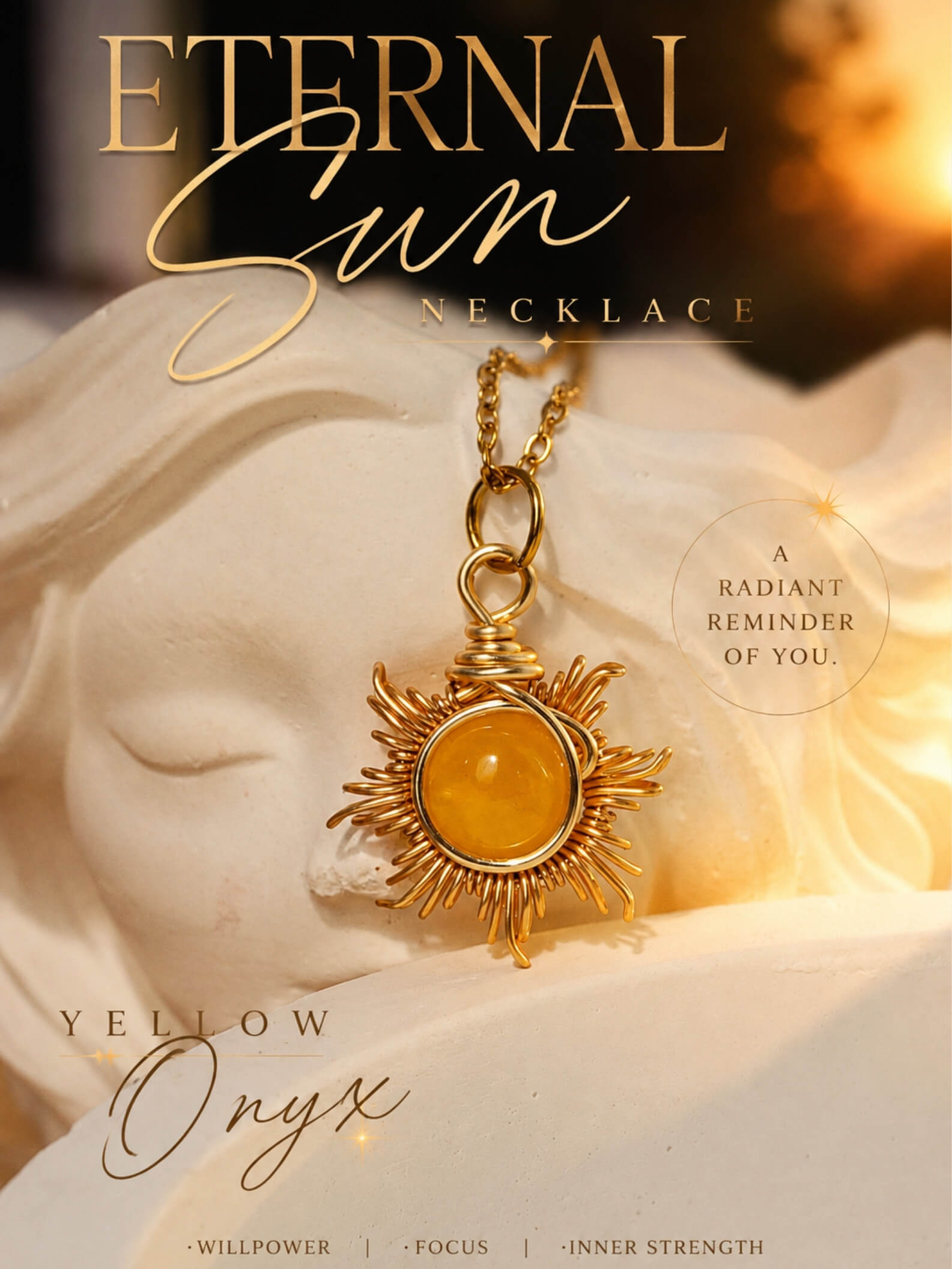 Eternal Sun Necklace with Yellow Onyx healing crystal gold wire wrapped sun pendant launch banner, a radiant reminder of you, willpower focus inner strength, handmade jewelry by Laganna Sri Lanka