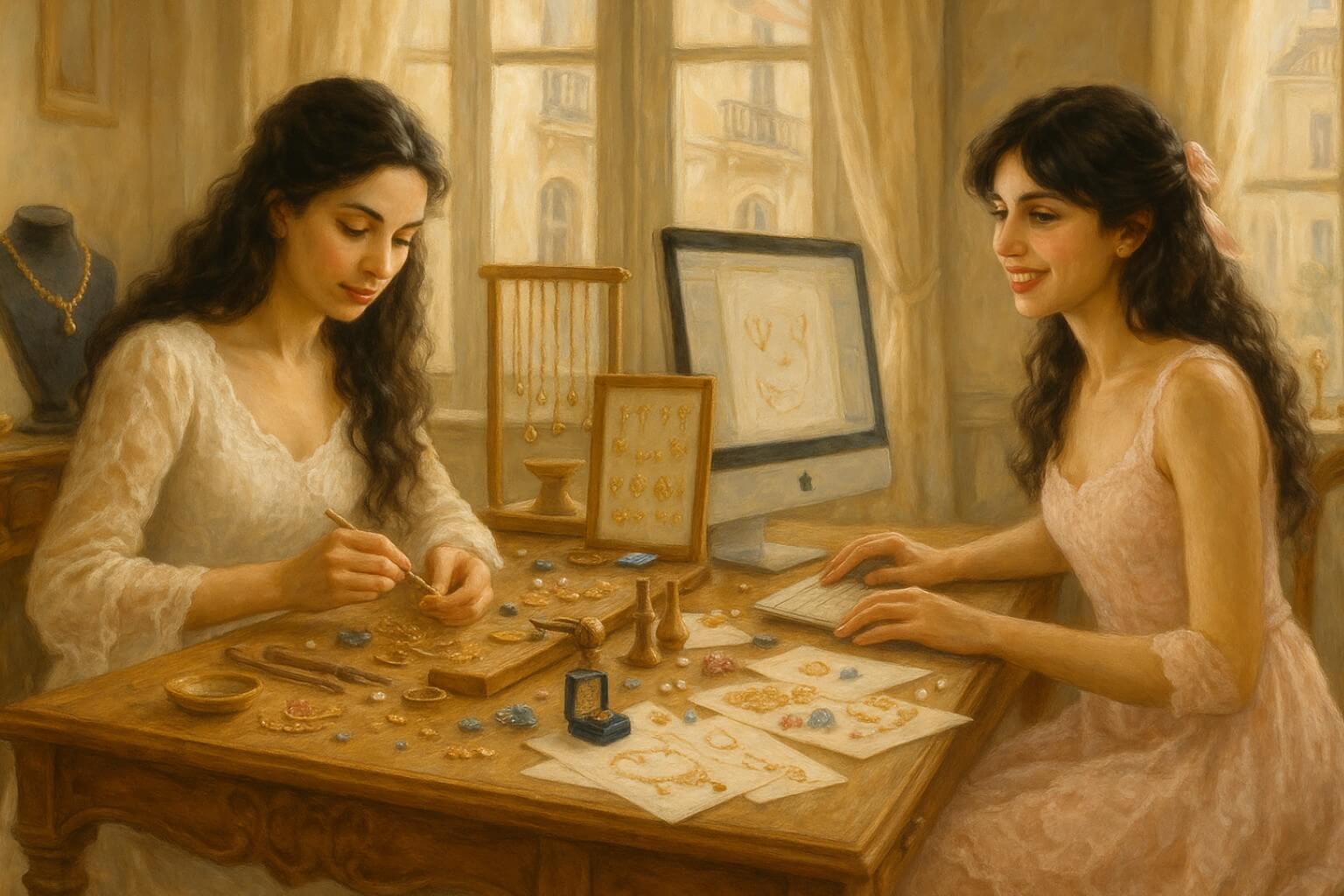European-style painting of sisters building Laganna together - one crafting jewelry, one working on business