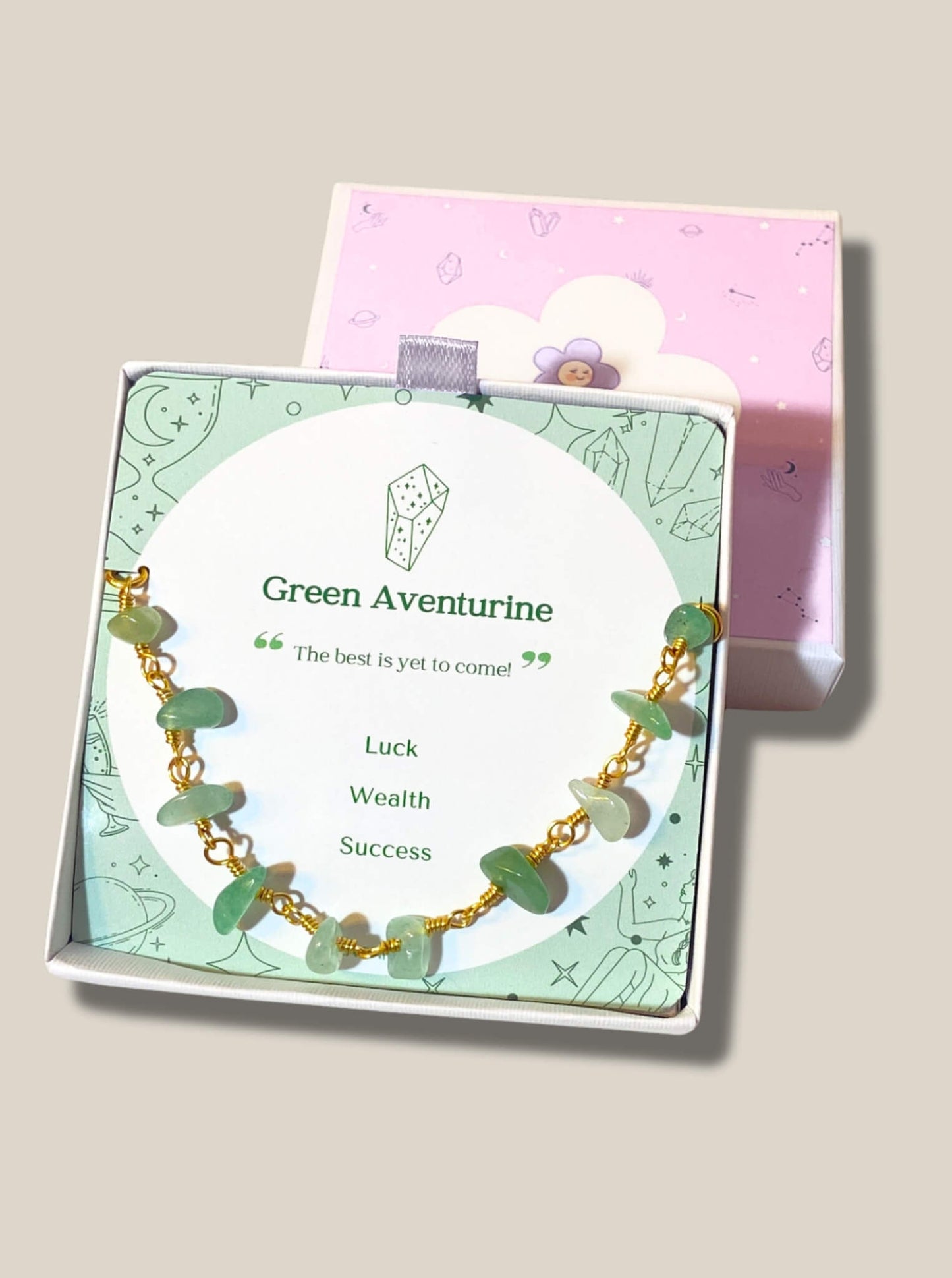 Fortune Bracelet Green Aventurine in elegant gold wire wrap presented in luxury jewelry box packaging with celestial design, handmade Sri Lankan healing crystal bracelet for luck and prosperity