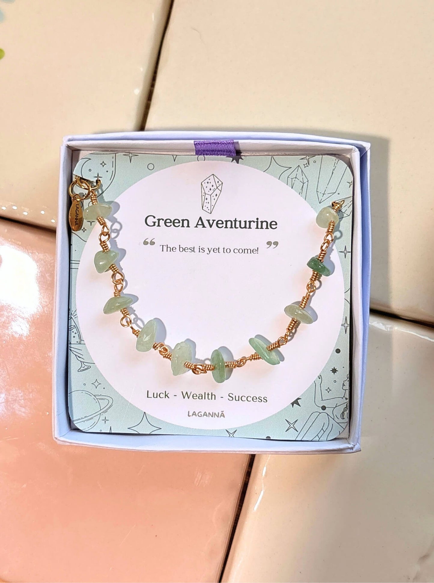 Fortune Bracelet natural green aventurine chip stones gold wire wrapped on display, handmade crystal bracelet Sri Lanka – Laganna, stone of luck and success