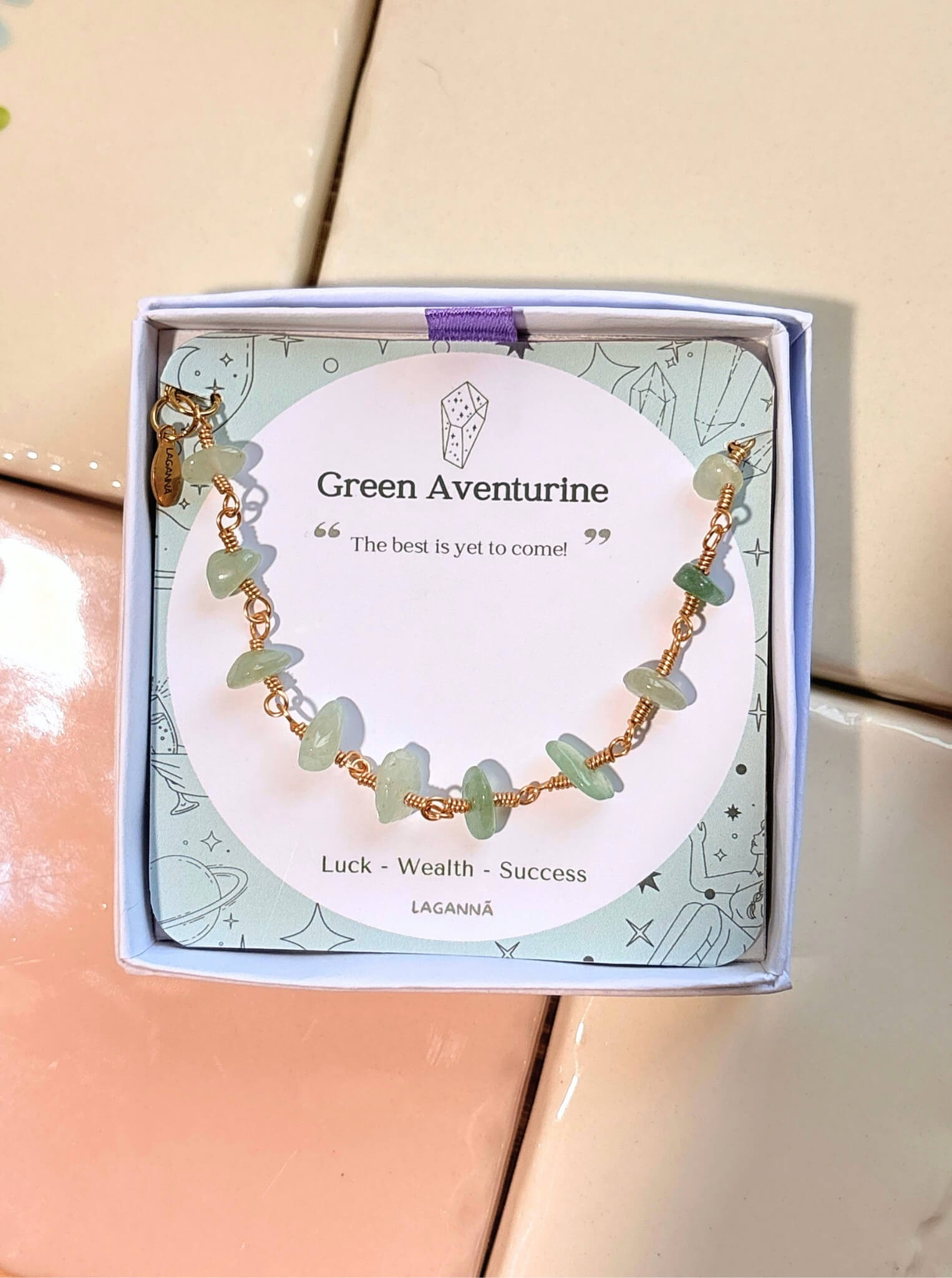Fortune Bracelet natural green aventurine chip stones gold wire wrapped on display, handmade crystal bracelet Sri Lanka – Laganna, stone of luck and success