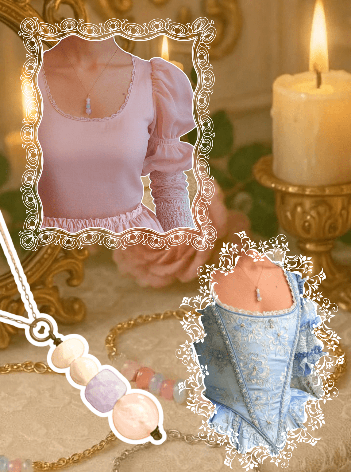 Pink top with puffed sleeves and a decorative frame, next to a blue corset and french palace column necklace on a soft background.