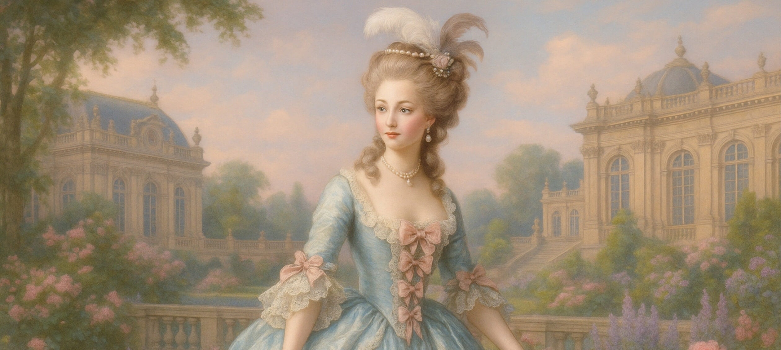 Elegant 18th century French aristocrat lady in powder blue Rococo gown with lace details, pearl jewelry, and feathered hair ornament standing in ornate Versailles palace gardens with pink flowering trees, embodying Marie Antoinette era fashion and French Palace Dreams jewelry inspiration